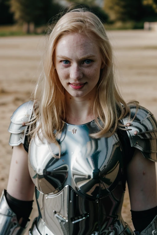 Ultra realistic photography of dbwl woman with many huge beauty marks on her natural pale white skin  ,  (  full body portrait  ) ,  SFW,  (((wearing chrome paladin armor))), chest,

 ((fighting stance)),   ((in frame)),  natural (  pale light blonde eyelashes) , blue eyes, medieval background,
 detailed Natural pale white skin  with (many huge round beauty marks) , smile, light pale blonde eyebrows,
 happy, clean cheeks,
detailed, natural light blonde,  outdoors, sunny, high resolution, photograph, RAW photo, chr0me4rmor, [[sexy]]