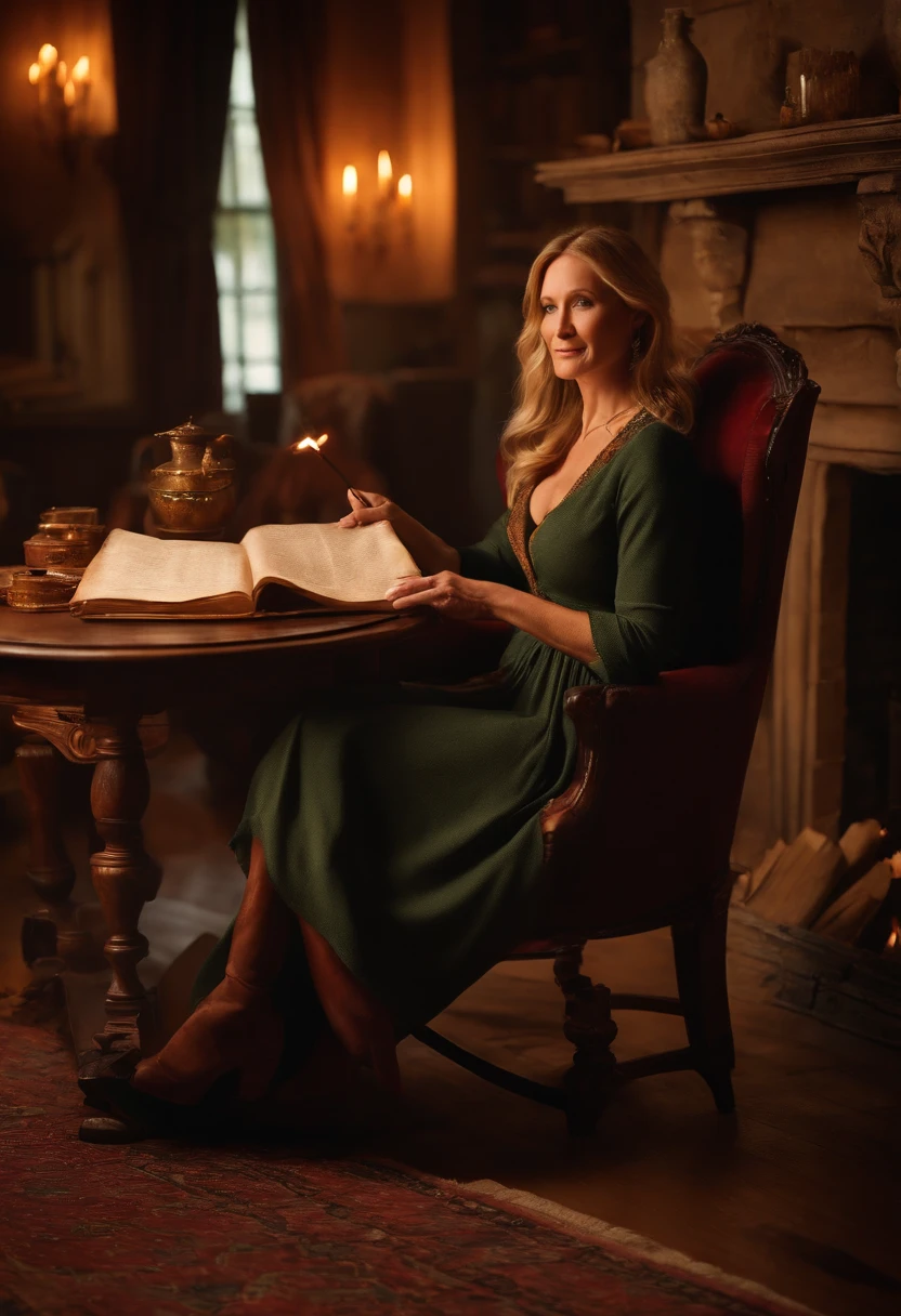A photo of me sitting in a cozy armchair by the fireplace, with a quill in hand and a parchment spread out on the table.,original,Portrayed by JK Rowling herself, female