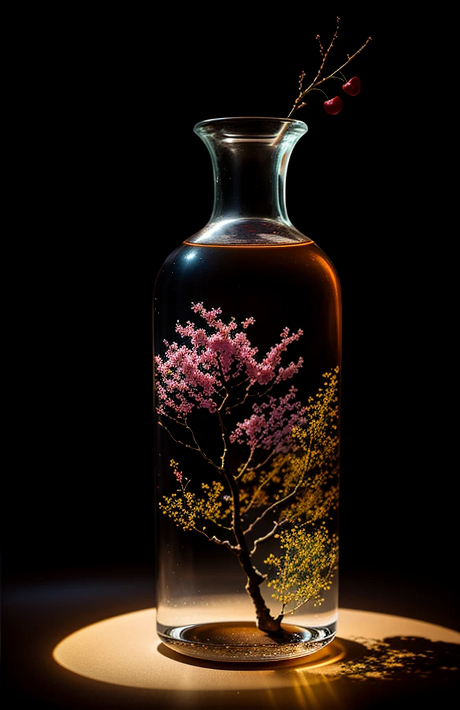 Cherry tree in a bottle, fluffy, realistic, atmospheric light refraction, photographed by lee jeffries, nikon d850 film Stock Photo 4 Kodak portra 400 camera f1.6 lens, rich colors, ultra realistic realistic textures, dramatic lighting, unreal engine trending on artstation cinestill 800, Style-Glass