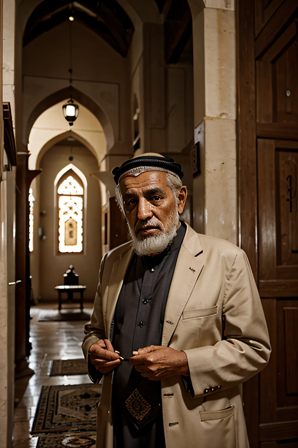 VIEUX HOMME ARABE RÉGLANT DEVANT LA CAMÉRA DANS LA MOSQUÉE