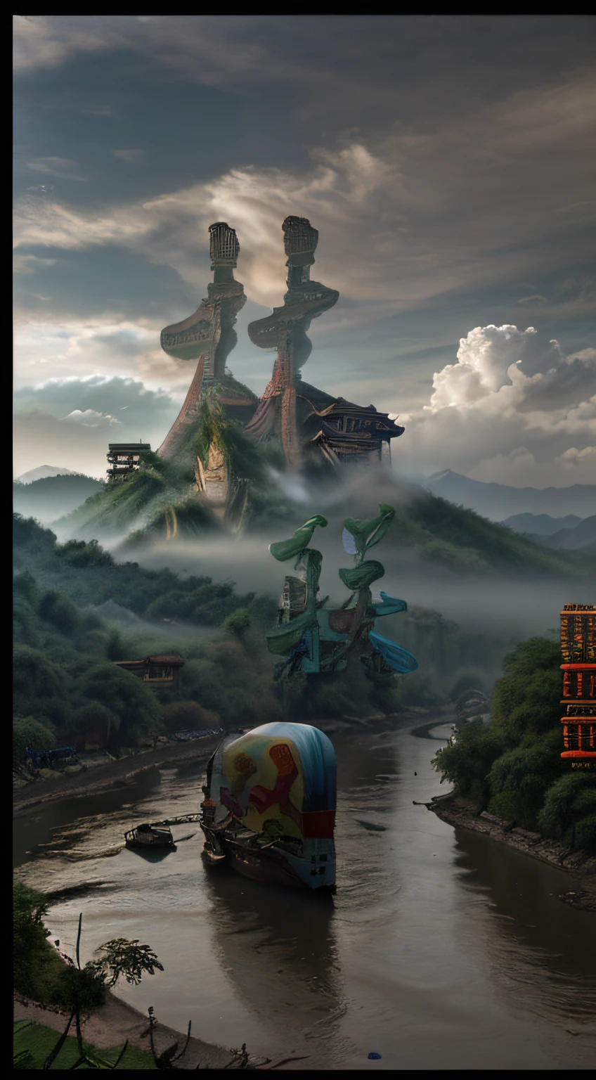 Rios，curving，​​clouds，China's mountains and rivers，Exposure bright，atmospheric pressure，(Complicated details)，HighDynamicRange，(Complicated details，the ultra-detailed:1.2)，Cinema lenses，vignet，are in the center
