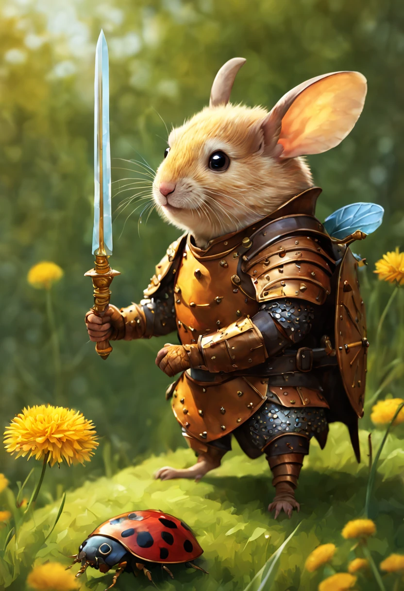Hamster clad in miniature leather armor, perched atop a thimble, sword at the ready, embarking on a backyard quest, dandelions towering like trees overhead, a beetle companion at its side, illustration, vibrant colors, heroic stance, in the style of a children's book, with a magical atmosphere, highly detailed, digital painting