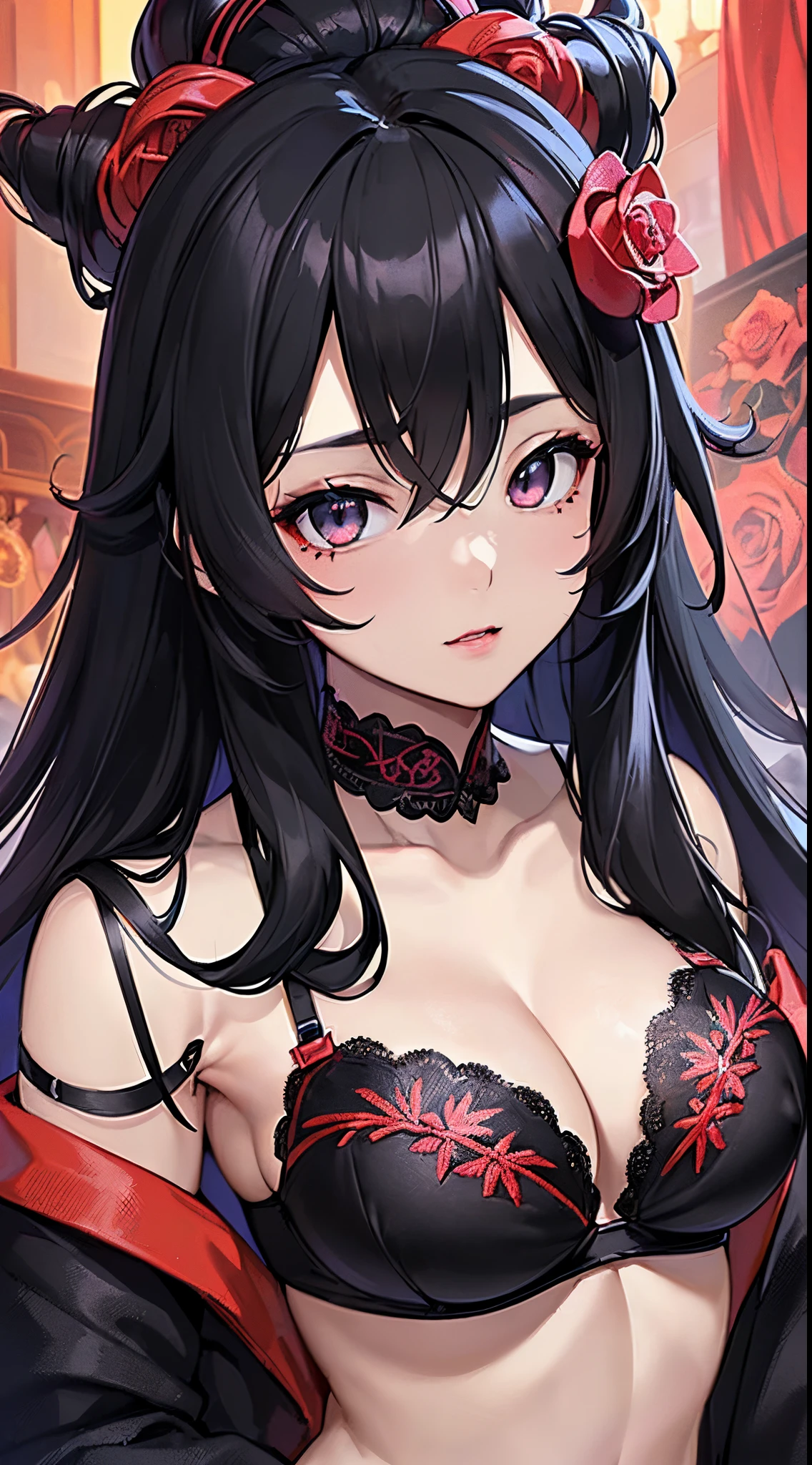 (Original Character、Unity 16K Wallpaper, masutepiece, Best Quality, Ultra-detailed, Extremely detailed、(((Black long hair)))、Detailed, beautiful and detailed dark eyes)、超A high resolution, Fine skin、(((12 years old)))、(((rose embroidery bra)))、(((large full breasts)))、cleavage、(((From the top of the head to the stomach)))