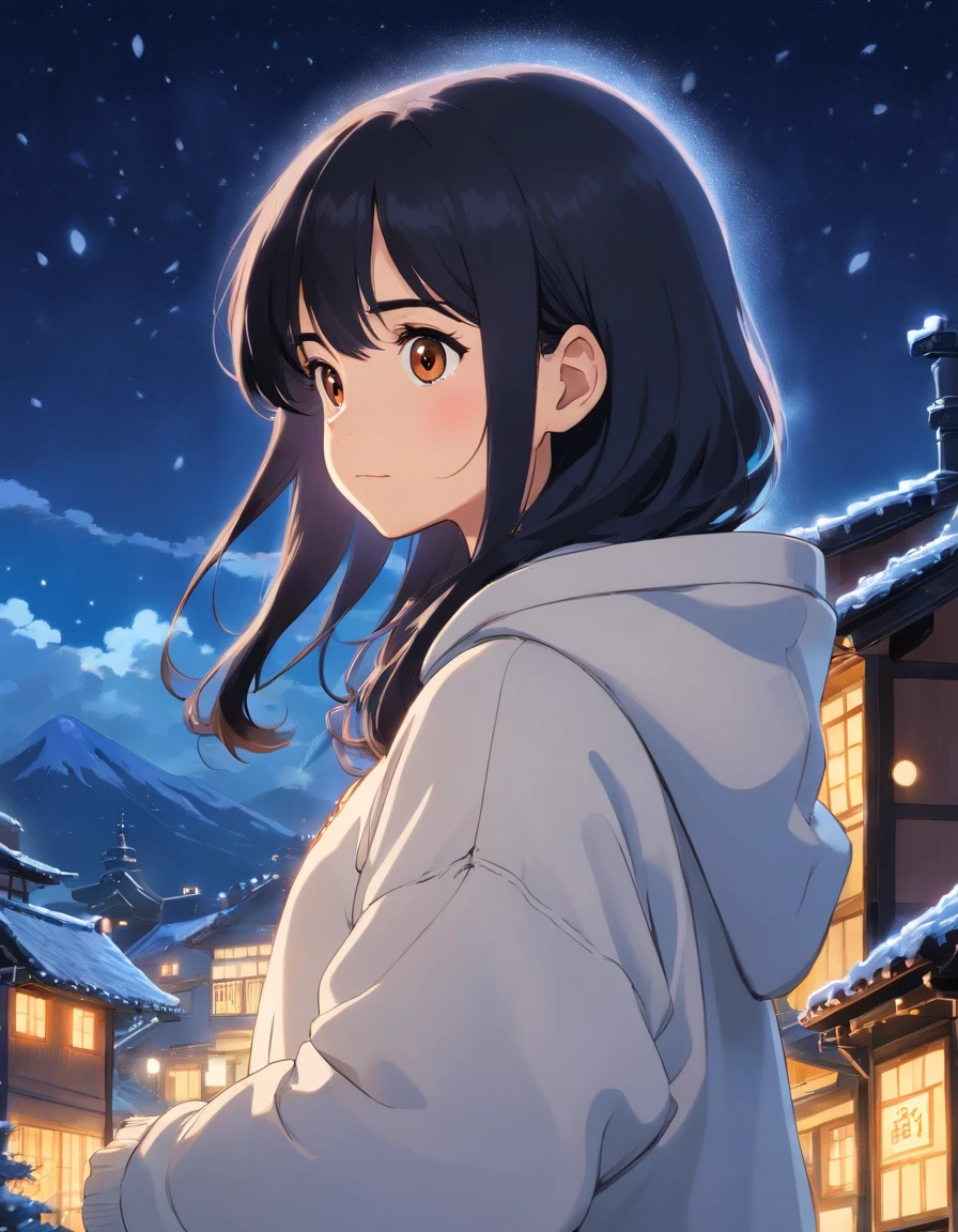 One Young Woman,black colored hair,with brown eye,Wear a white hoodie, It's snowing at night