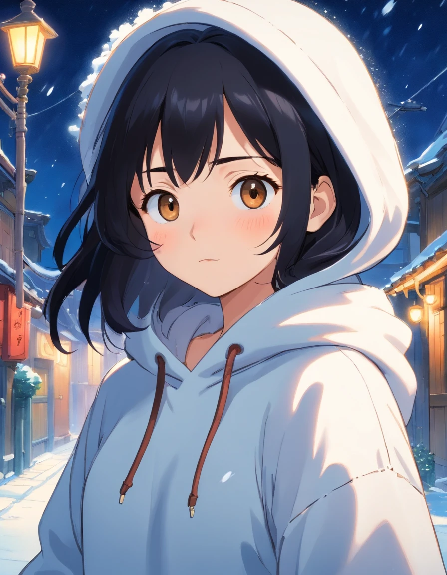 One Young Woman,black colored hair,with brown eye,Wear a white hoodie, It's snowing at night