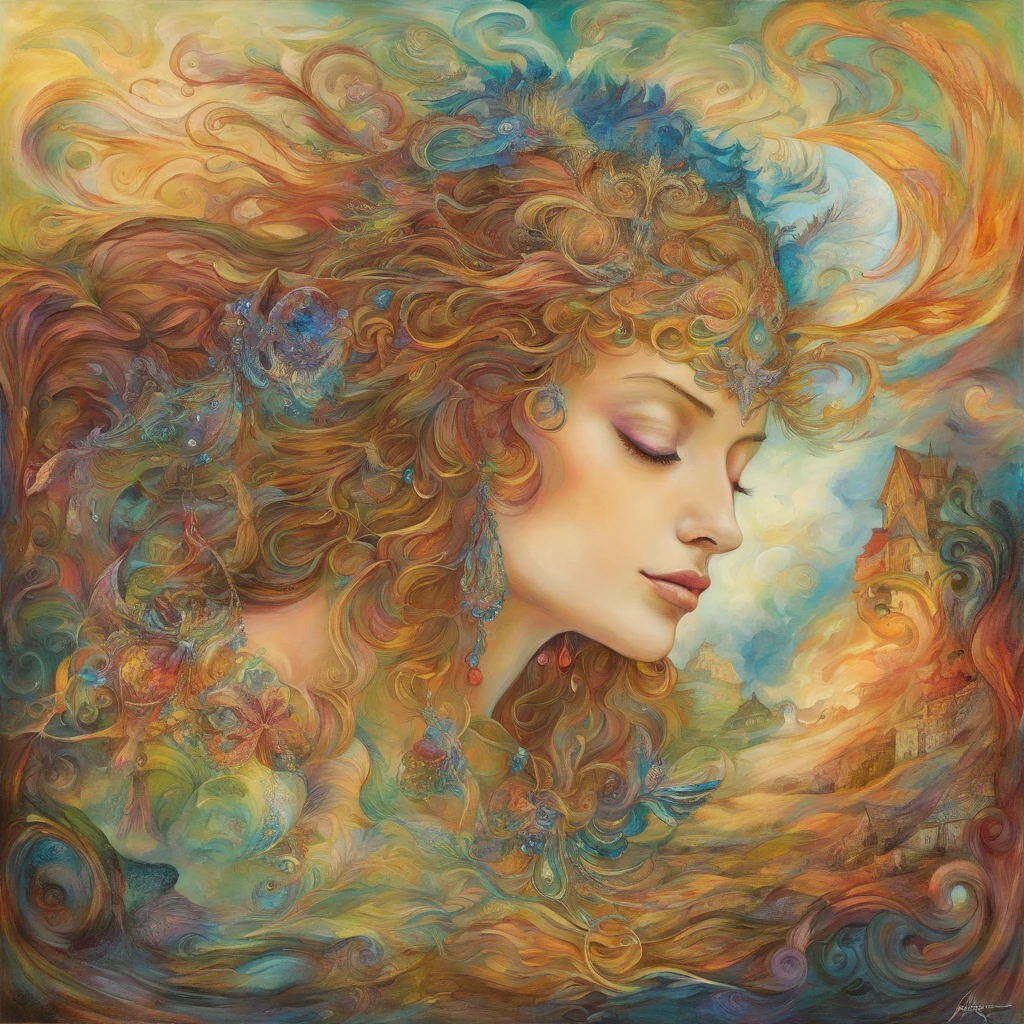 Artistic style by Albena Vatcheva. A woman with small bare breasts and blond hair rests lying on a blanket with intricate geometric patterns. Around her, colorful cats with floral patterns, poppies, turquoise sand clouds, red earth, branches, light brown trees, water, yellow sun.

