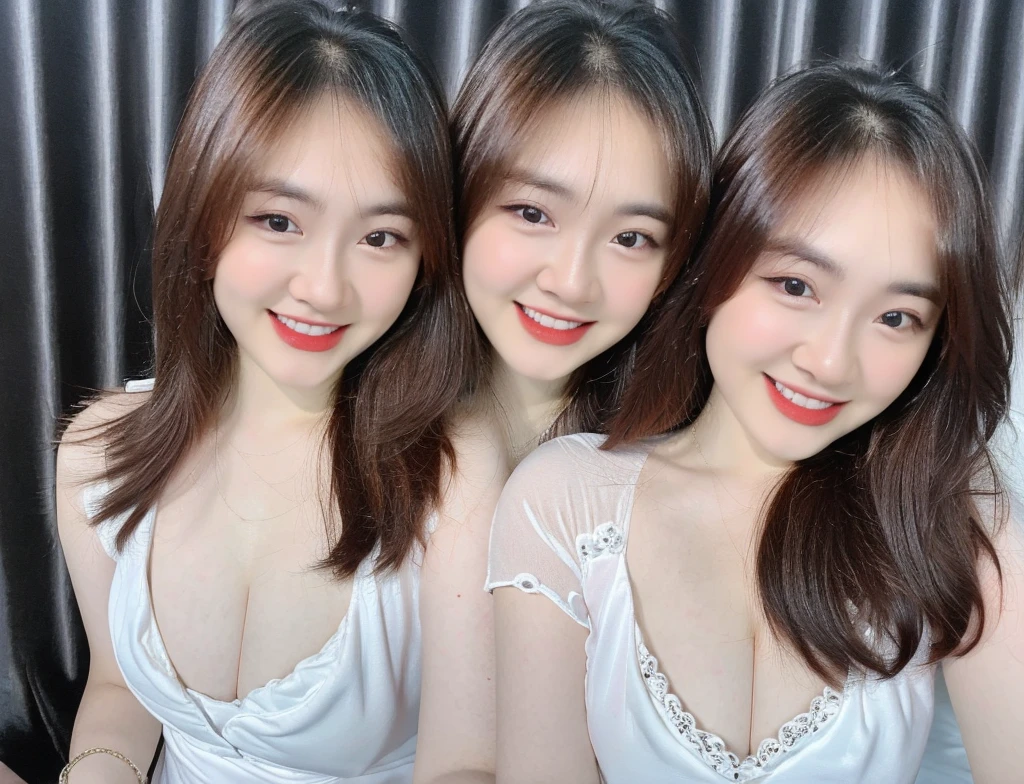 (realistic, high resolution:1.3), 3 girl with perfect figure, 3 girl:1.3, grin smile, white skin:1.3, super fine face and eyes,detailed face, long hair, white lace bikini: 1.2 ,outdoor, (upper body focus), half body, upper_body ,perfect light, in bedroom, sit on the bed, big breasts, exposed cleavage,