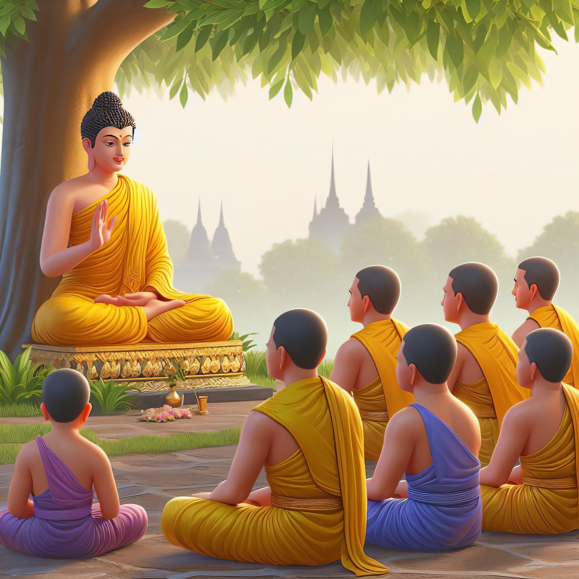 buddhas sitting in a circle in front of a statue, buddhism, buddhist, on path to enlightenment, the buddha, on the path to enlightenment, hindu stages of meditation, buddha, monk meditate, tithi luadthong, by Wayne England, buddhist monk meditating, buddhist art, meditation, enlightenment, monks, buddhist monk, by John La Gatta