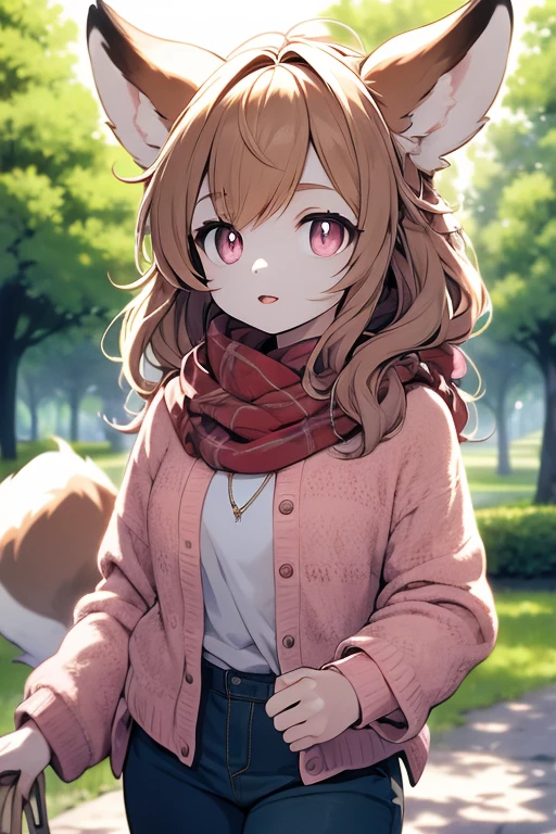 A high resolution, depth of fields, tmasterpiece, Best quality at best, parks,Shawl hair, Fury,red fox,adolable,bit girl,Brown hair,Pink pupils,shorter pants,Summer clothes,