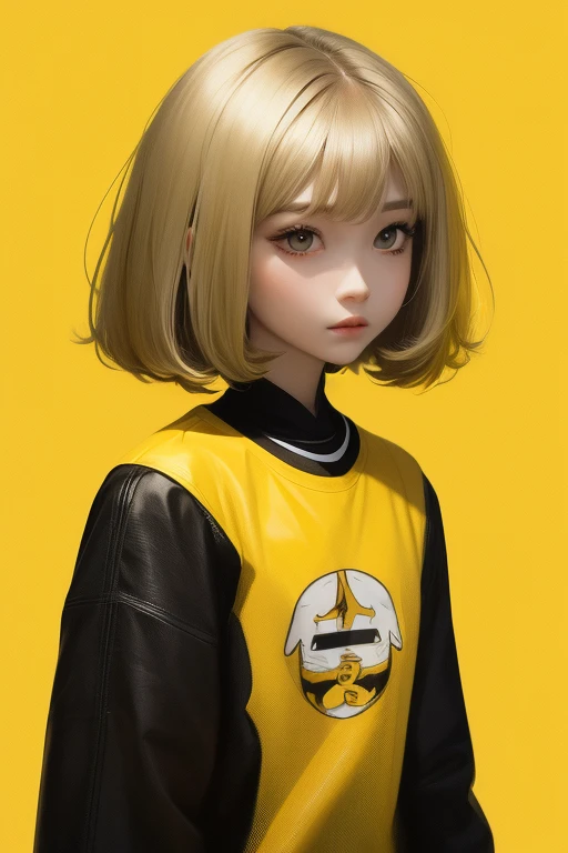 Yellow hair girl bob hair yellow clothes background yellow
