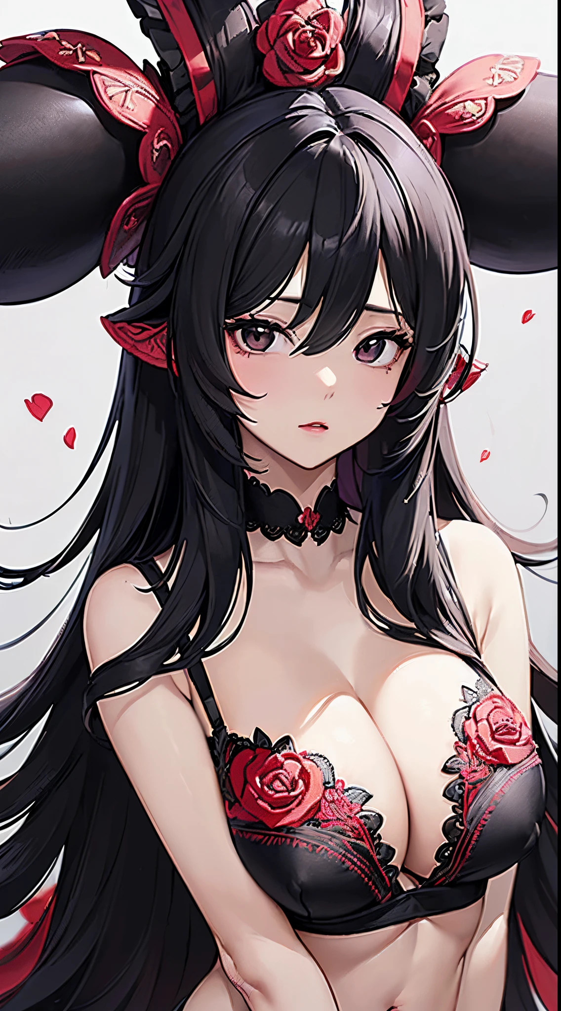 (Original Character、Unity 16K Wallpaper, masutepiece, Best Quality, Ultra-detailed, Extremely detailed、(((Black Long Hair)))、Detailed, Beautiful and detailed black eyes)、超A high resolution, Fine skin、((()))、(((rose embroidery bra)))、(((large full breasts)))、cleavage、(((From the top of the head to the stomach)))