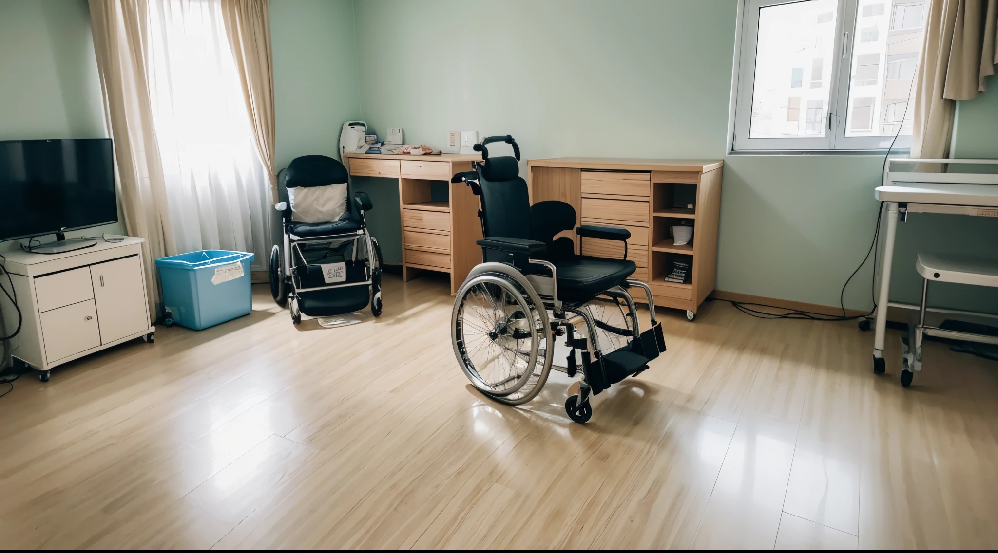 ((Best quality at best)), ((Son)), (fathery), sickroom,Patient gown,wheelchair