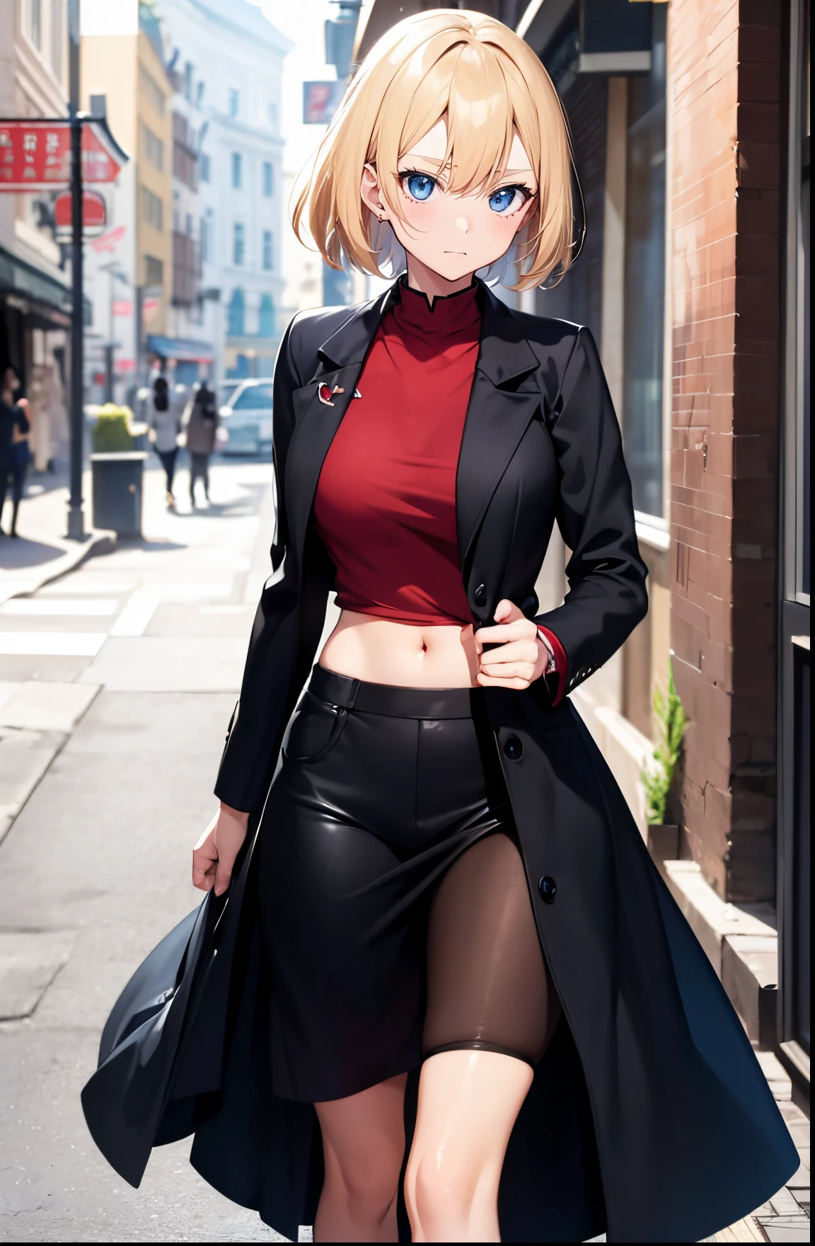 2D Anime Style、hight resolution,Blue eyes、Beautiful shining eyes,  (Talented lo-fi:1.3),breasts are slightly larger、high and beautiful nose,Beautiful face with a slender contour, An adult woman with short blonde hair and an angry expression......................、,Fashion that shows off your stomach, he is wearing a red shirt and black pants、and is wearing a long black coat。。。。。。..,walking down the streets of america,