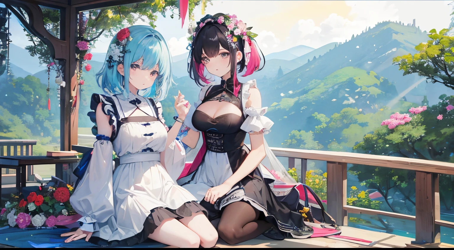 2 cute women、plethora of colors、细致背景、ultra-detailliert、best qualtiy、Highest Quality