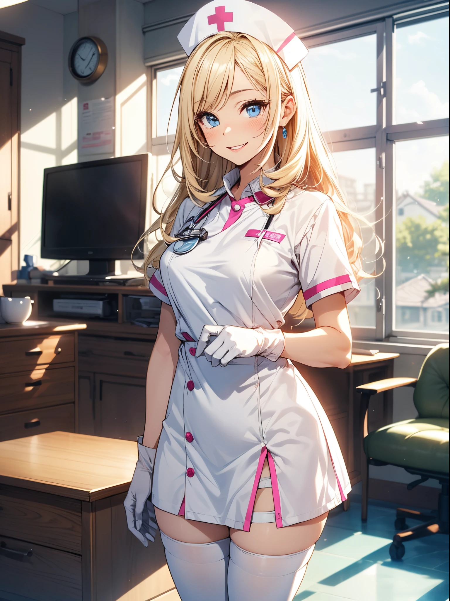 1womanl, Nurse, Nurse Cap, Whiteware, ((White legwear, zettai ryouiki)), White Gloves, Blonde hair, Blue eyes, pink lipsticks, Smile, Standing, sharp outline, Short sleeves, a matural female, 35 year old, Best Quality, masutepiece, infirmary