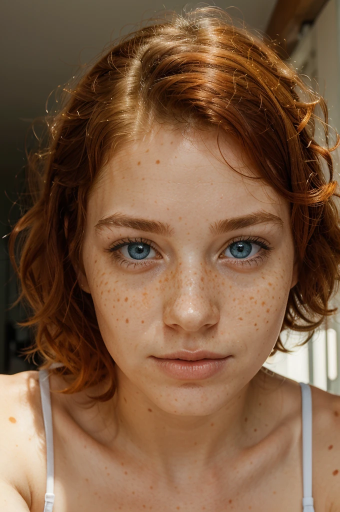 smooth face, freckles, blue eyes, orange curly hair, irish girl