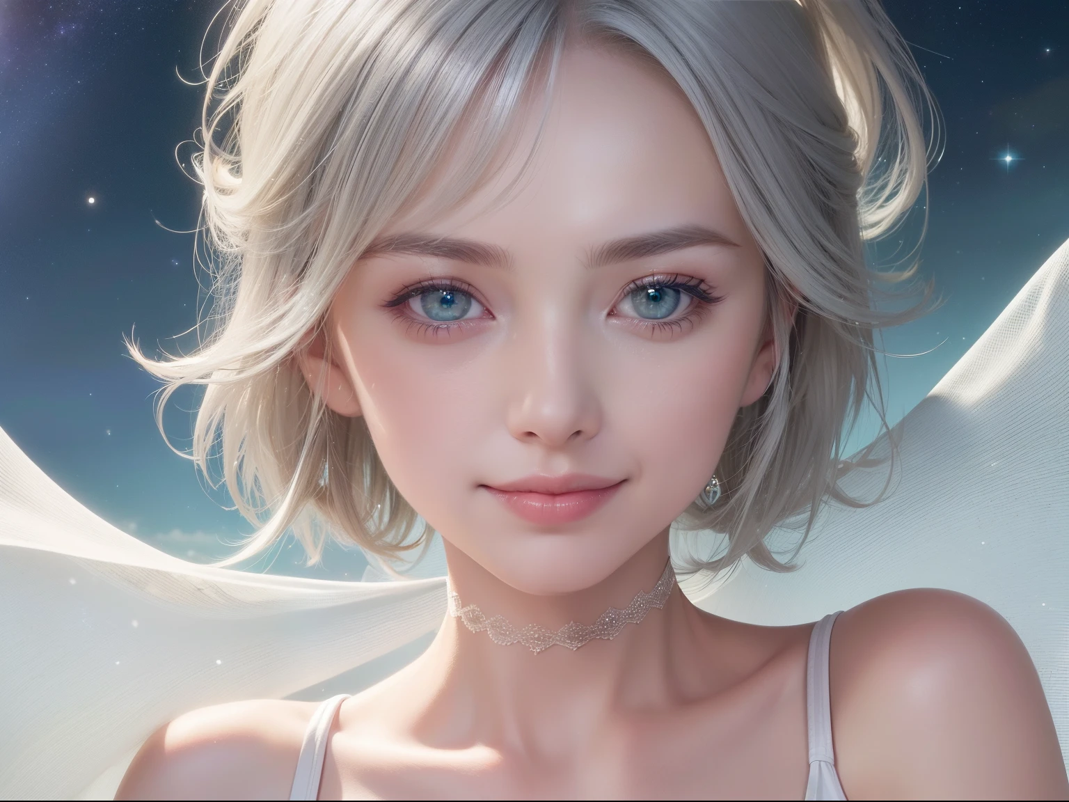 (Best Quality:1.5), (Exquisite CG), (High resolution:1.5)、Close-up of a smile、greeneye、Sapphire green eyes、lipgloss、Eye Gloss、Raise the corners of your mouth and smile、Open your mouth a little、round and large eyes、short silver hair、the background is the universe