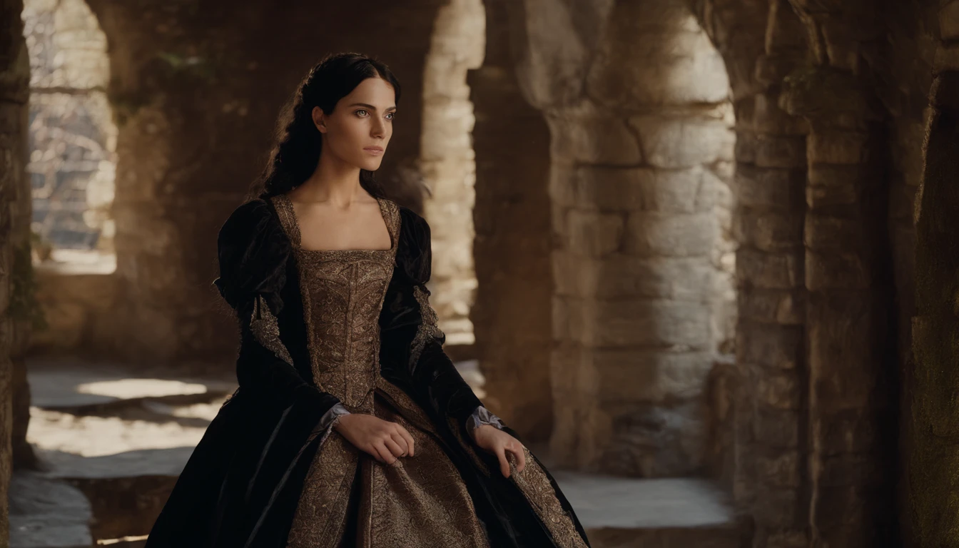 (photorealistic, highest quality, photo) young medieval woman (black hair and brown eyes, wearing a riding gown), inside medieval Hungarian stables, day, gothic, suspense, 8k, cinematic scene from period film, cinematic, in the style of cinematographer Dion Beebe