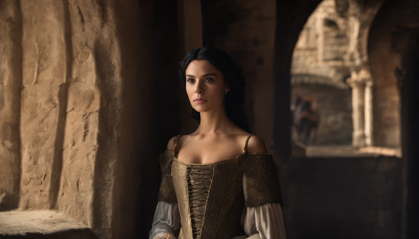 (photorealistic, highest quality, photo) young medieval woman (black hair and brown eyes, wearing a riding gown), inside medieval Hungarian stables, day, gothic, suspense, 8k, cinematic scene from period film, cinematic, in the style of cinematographer Dion Beebe