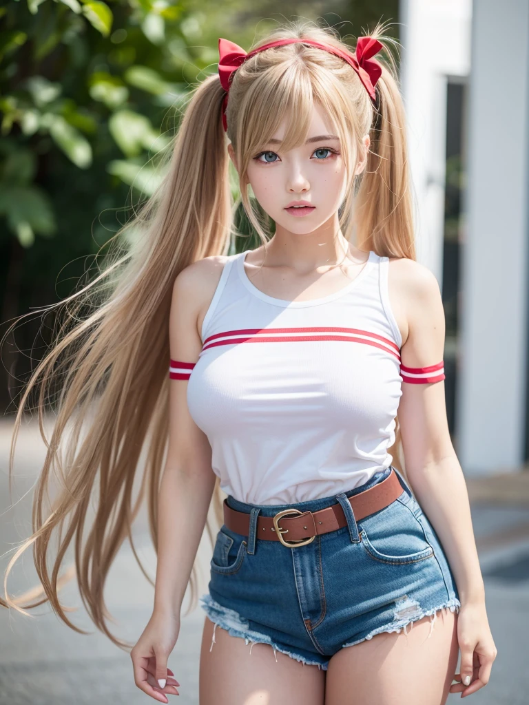 1girl, blonde hair, very long hair, twintails, red ribbon, blue eyes, shy, ,akizuki airi, blonde_hair, blue eyes, twintails, very_long_hair, hair_ornament red, hair_scrunchie red, big_breasts,akizuki airi, blonde_hair, blue eyes, twintails, very_long_hair, hair_ornament red, hair_scrunchie red, big_breasts, white tshirt, bare_shoulders, blue jeans shorts, belt red, thighhighs,