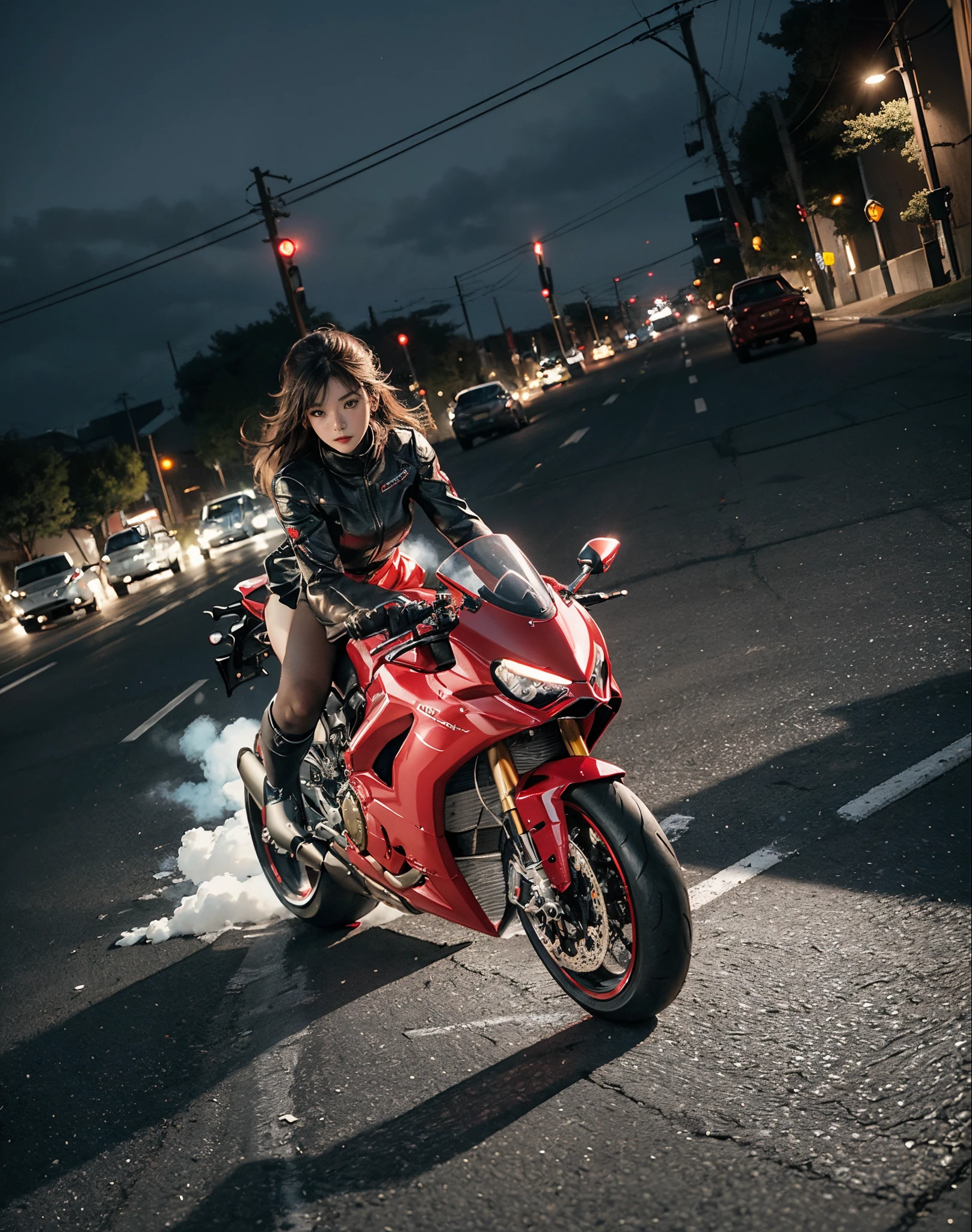 hight resolution、high-level image quality、in 8K、Real live-action、Raw photography、top-quality、masterpiece、masutepiece、(Soft Saturation:1)、(depth of fields:1.2)、(Ray traching:1.2)、headlight、Blue glow、Shot diagonally from above、Sense of speed、((during night)), city night scene、The background is a beautiful neon cyberpunk Tokyo、city night scene、Neon light、blue light from headlights、Dynamic Poses、Dynamic camera angles、heavy wind、Big red motorcycle speeding through the city at night、((Run leaving a trail of light:1.ung woman in red dress sitting on a big red motorcycle, Beautiful face、Beautiful face、(Red dress:1.2)、(Red short skirt:1.3)、white knee highs、(Red boots:1.2、Draw the toes:1.2)、perfect hand、perfect foot、perfect ankles、Perfect toes、Perfect toes、Perfect Heel:1.3、((Grasp the controller with both hands:1.2))、Slouched、put one'Upper body, Lower body:1.2、Sitting on the Ducati Panigale V4,Riding the Ducati Panigale V4, Sci-fi style bikes, Sci-fi style bikes, Ducati Panigale V4 Motorcycle Rider, How to ride the Ducati Panigale V4, (Draw left and right rearview mirrors:1.3)、(headlights shine blue:1.2)、picture of a female biker, motorbike,Motorcycle displacement: Ducati Panigale V4 Details、motion-blur、(white smoke from tires:1.1)、