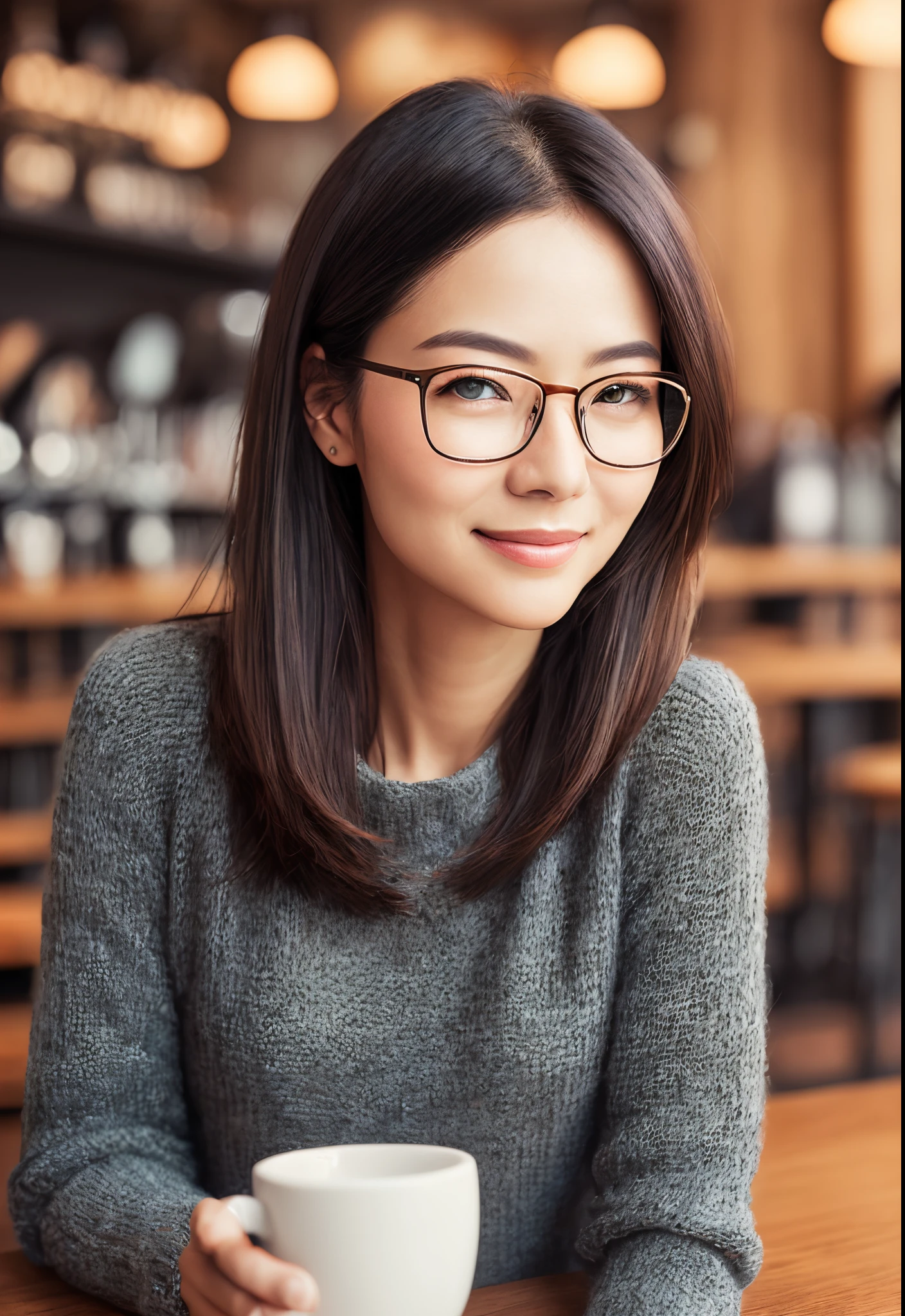 A woman in her 40s wearing glasses(masuter piece:1.3)、(8K、Photorealsitic、Raw photography、top-quality: 1.4)、(1girl in)、Beautiful expression、(Lifelike face)、(A dark-haired、straight:1.3)、Beautiful hairstyle、realisticeyes、Beautiful details、(real looking skin)、Beautiful skins、(Sweaters)、absurderes、enticing、超A high resolution、A hyper-realistic、high-detail、the golden ratio、Women who look good in glasses、Background with(cafes)