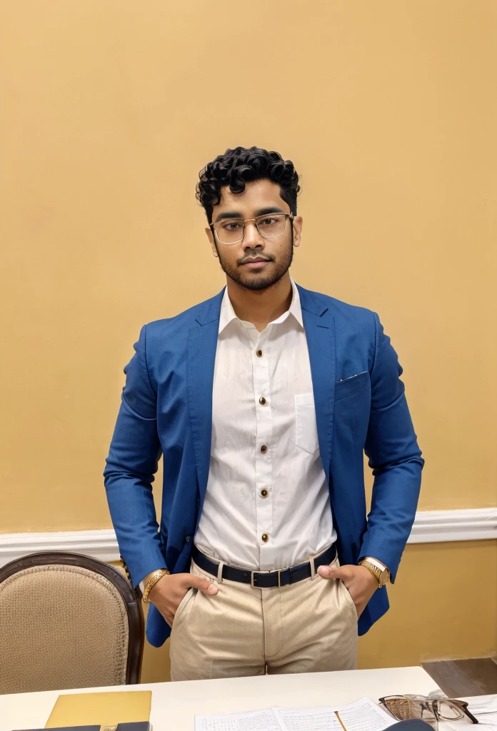 Light skin south asian young man with glasses on, gold frame glasses, hands in pocket, white shirt with black buttons, wavy hair, nice curly hair
