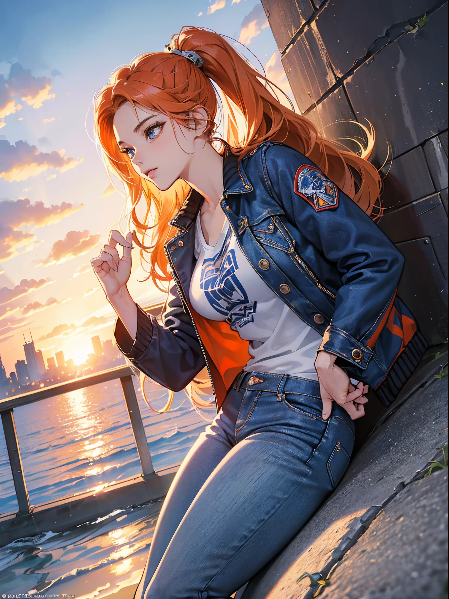 Orange and Indigo Keynote Speech、Vibrant colors、((​masterpiece)))、(((top-quality)))、((ultra-detailliert))、(A hyper-realistic)、(highly detailed CGillustration）、Official art、CD cover、urbane、City Pop、seaside、poneyTail、It will be、Cool sensation、Mid summer、Stylish、glorious 1980s、Cool Beauty、cochetti gorgeous、matchless beauty、jaket、jeans、Female Solo、Perfect Angle、perfect-composition