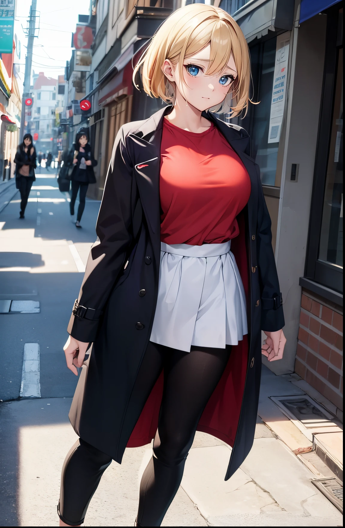 2D Anime Style、hight resolution,Blue eyes、Beautiful shining eyes, (Talented lo-fi:1.3),breasts are slightly larger、An adult woman with short blonde hair and a cool angry expression......................、high and beautiful nose,Beautiful profile with a slender outline,,Fashion that shows off your stomach, he is wearing a red shirt and black pants、and is wearing a long black coat。。。。。。..,walking down the streets of america,