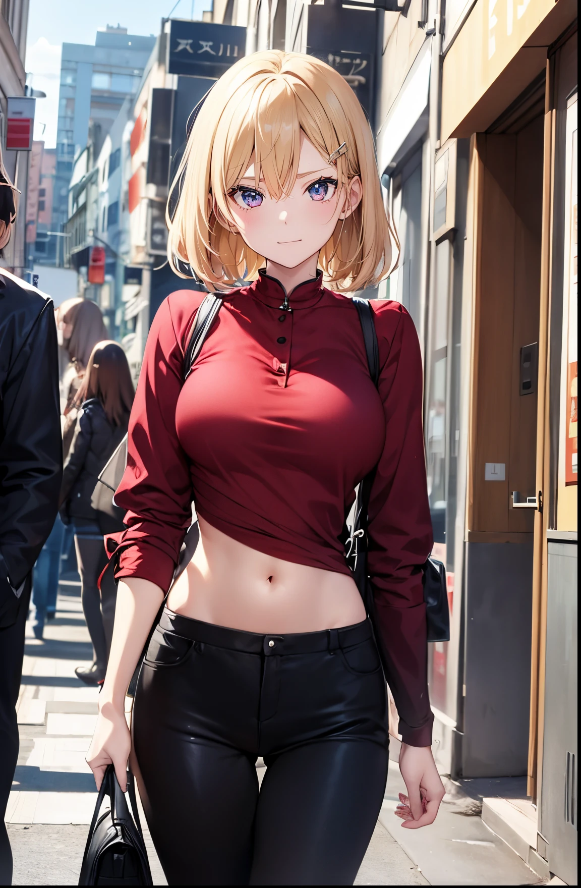 2D Anime Style、Blue eyes、Beautiful shining eyes, (Talented lo-fi:1.3),breasts are slightly larger、high and beautiful nose,Beautiful profile with a slender outline,Slightly longer,A cool adult woman with short blonde hair and an angry expression......................、Facing to the side,Fashion that shows your stomach and cleavage, he is wearing a red top and shorts、and is wearing a long coat。。。。。。..,walking down the streets of america,
