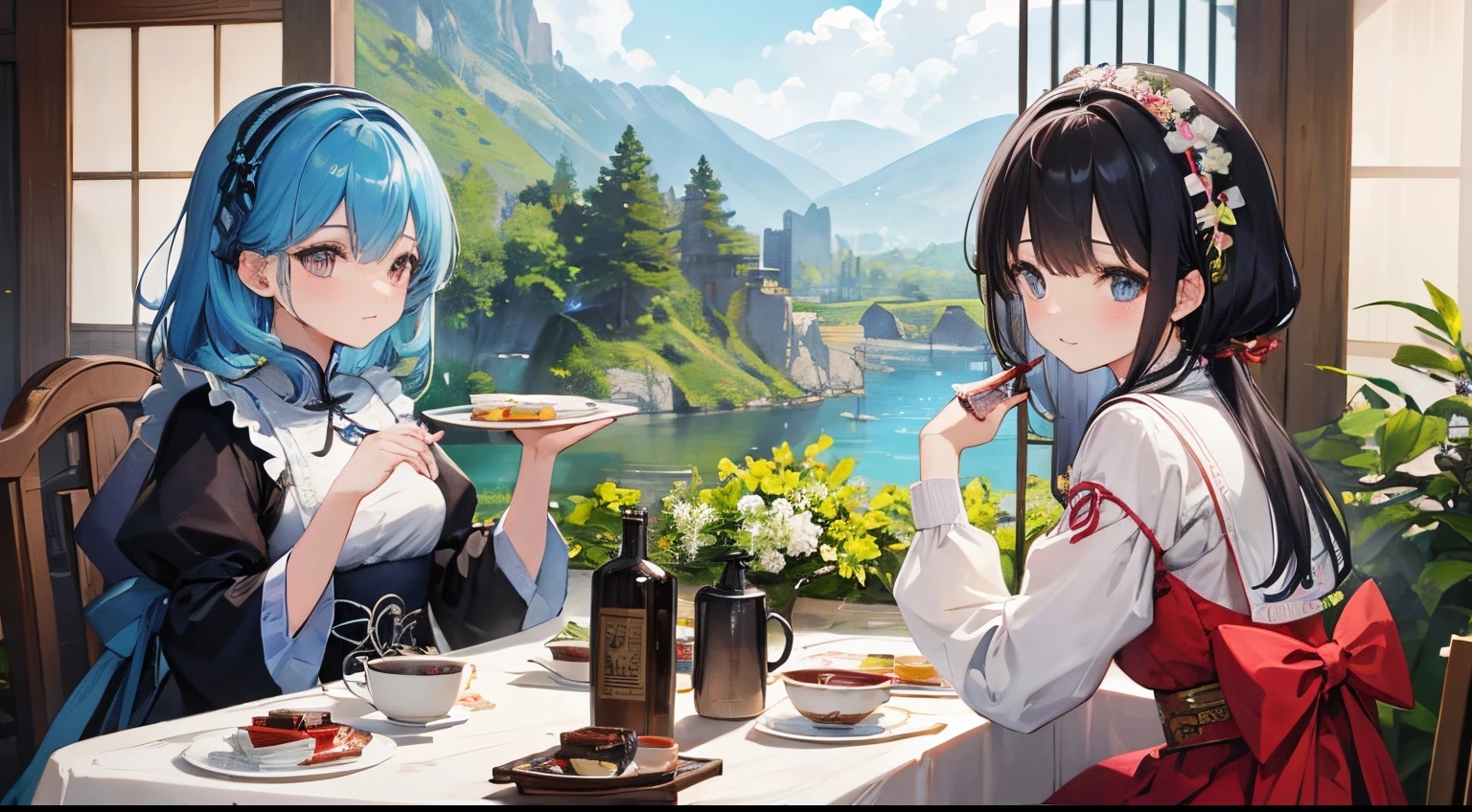 2 cute women、plethora of colors、细致背景、ultra-detailliert、best qualtiy、Highest Quality、Medieval Europe、tea parties、antique
