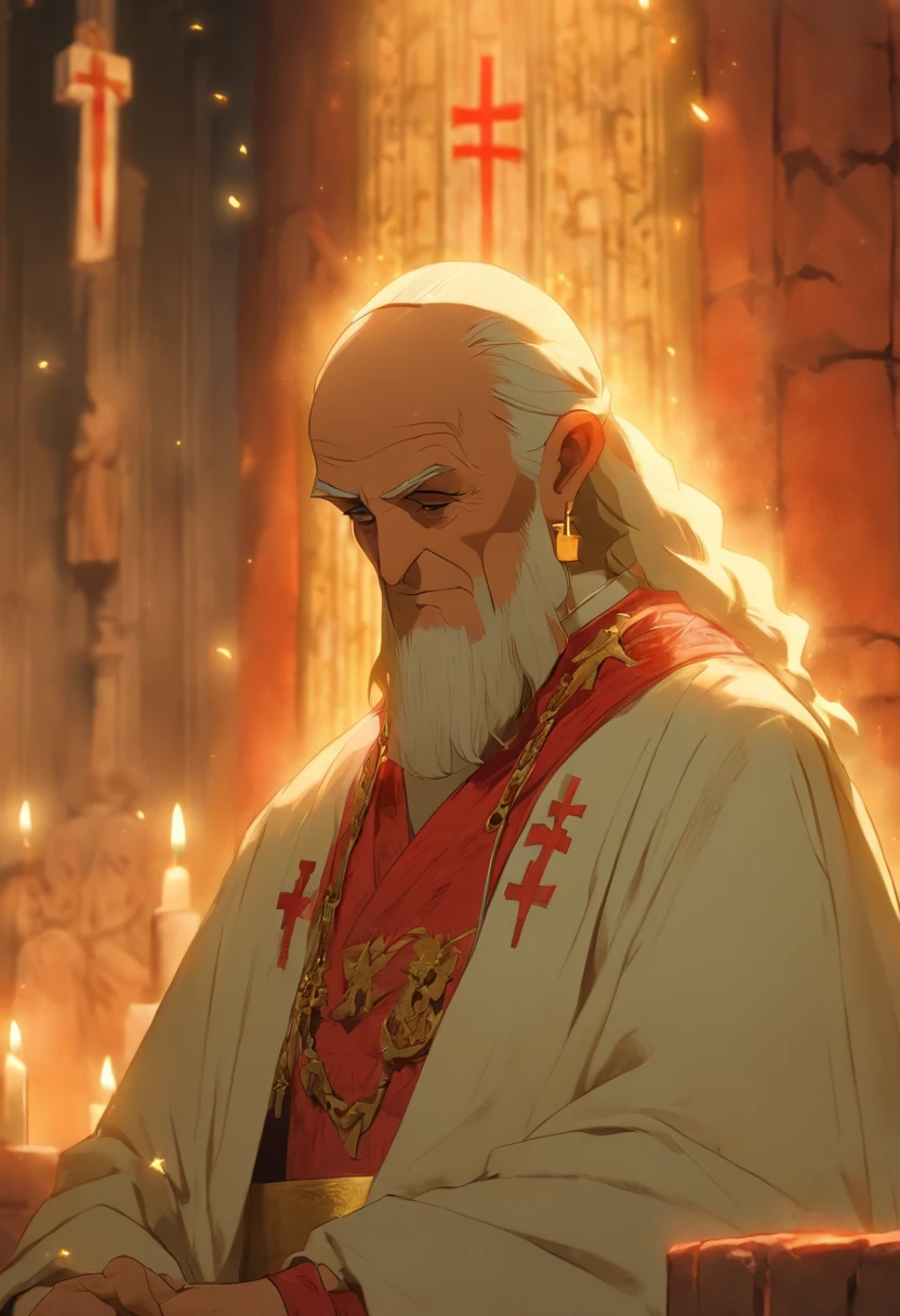 (8K、Best quality、tmasterpiece:1.2)、(Endless realism、フォトリアリスティック:1.37)、hyper-detailing,Full body lesbian,(1 boy:1.2),Alone,(This is a scrawny old man：1.2),The bones of the arm are vaguely visible,Eighty-year-old man,forehead full of wrinkles,(Roman nose：1.1),white haired Cangcang,thick white eyebrows,(With his eyes closed),The skin is very white.(This is a cult leader：1.3),(White silk robe with gold trim)+(A red inverted cross pendant hangs around the neck),This character is based on the costumes of European medieval Catholic popes.Underground chamber in the background,(Huge altar,like a flat-topped pyramid：1.3),Place torches on the wall for lighting,(The gaps between the gravel bricks are covered with moss：1.2)+(Pentagram magic circle drawn with blood on the ground：1.2)