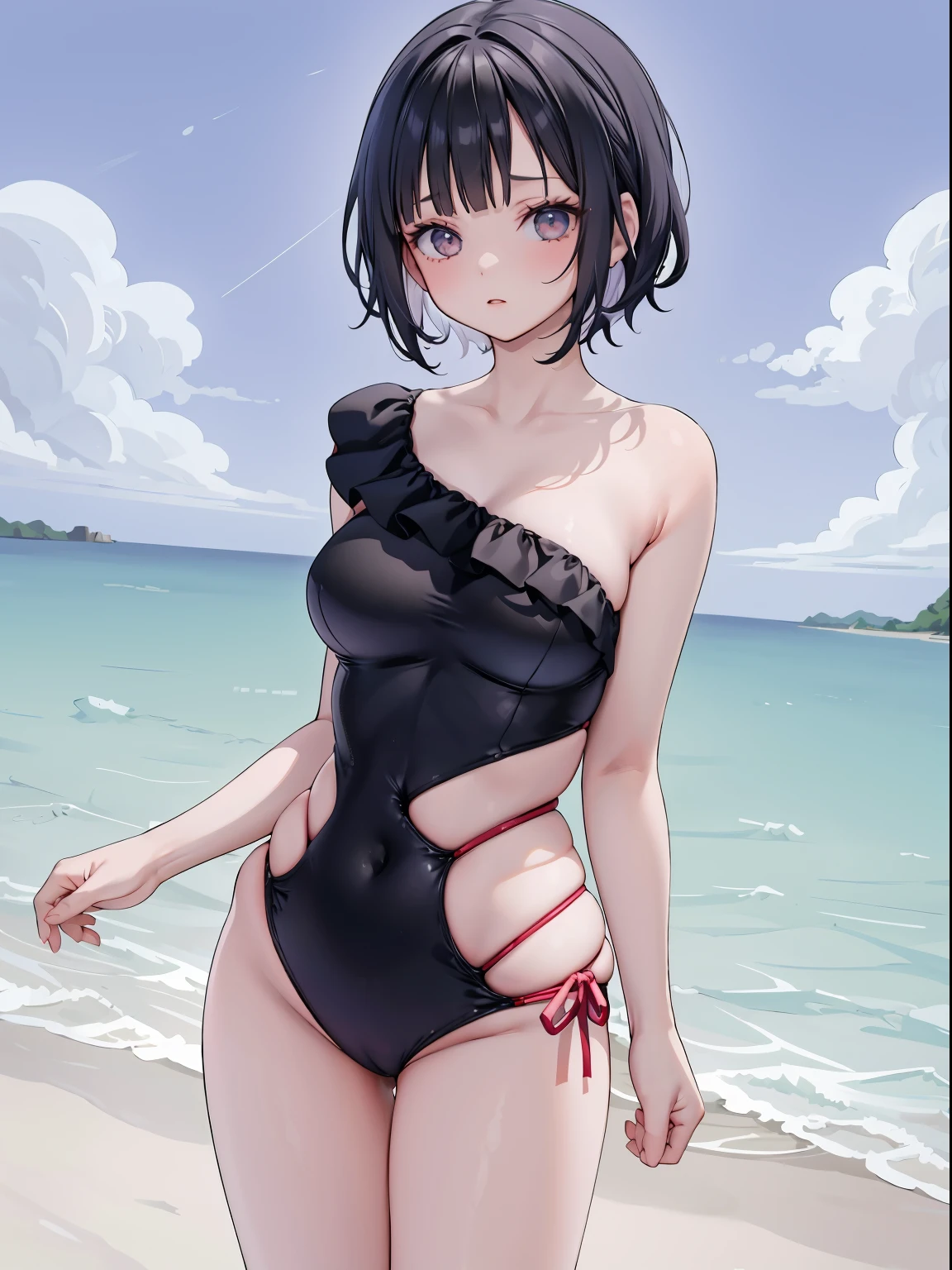 1girl,one-shoulder one-piece swimsuit, solo,white hair, short hair,  large breasts,thighs,white one-piece swimsuit, standing, (arms at sides), cowboy shot, 
seaside, black hair, night