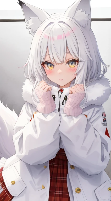 Cat's ears s girl Fox Beastman hair kawaii Anime style white colors short-cut high-level image quality fluffy tail wall-paper Beautiful eyes Eye clarity Beautiful skin Amber eyes parka hoods Winters Yuki White breath