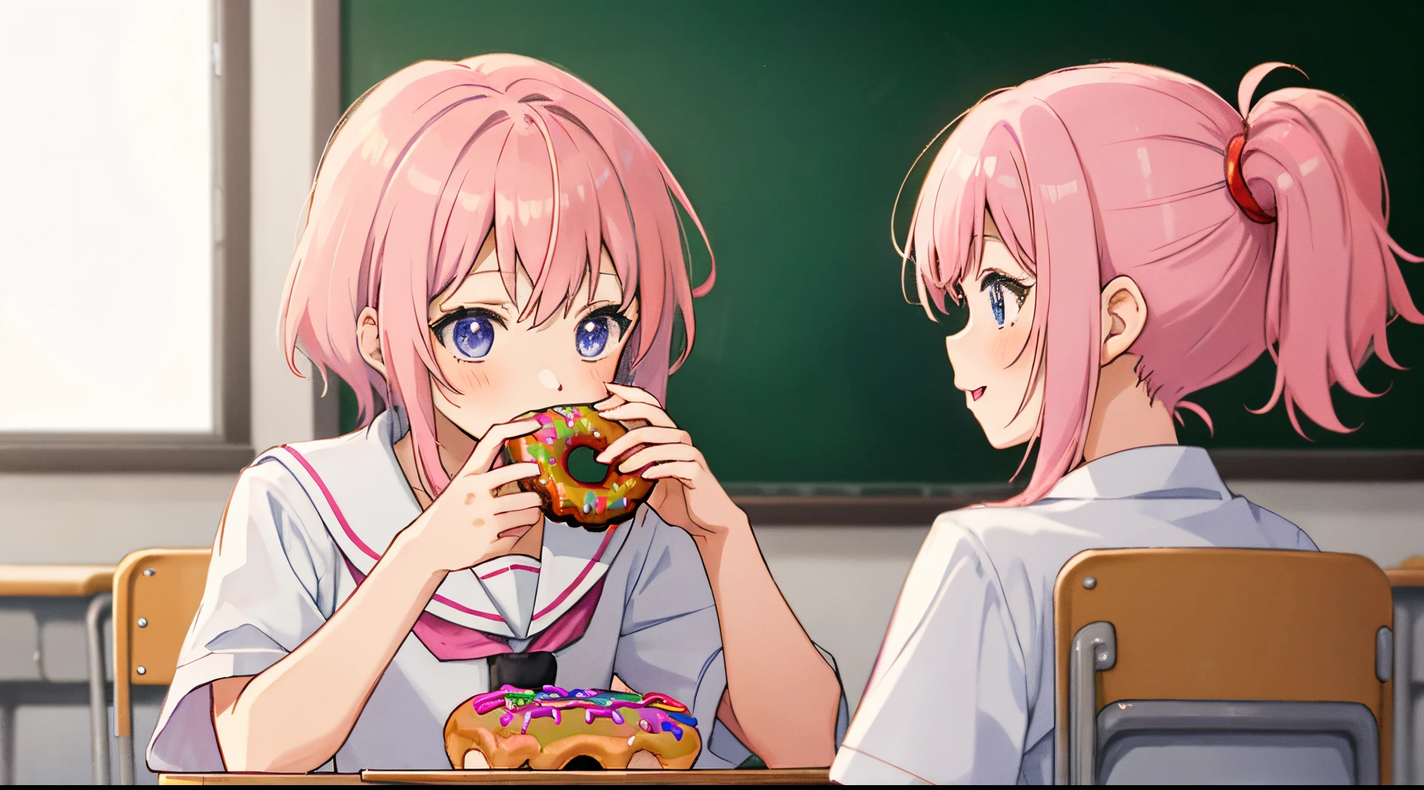 Anime boy with pastel pink hair in a classroom eating a donut