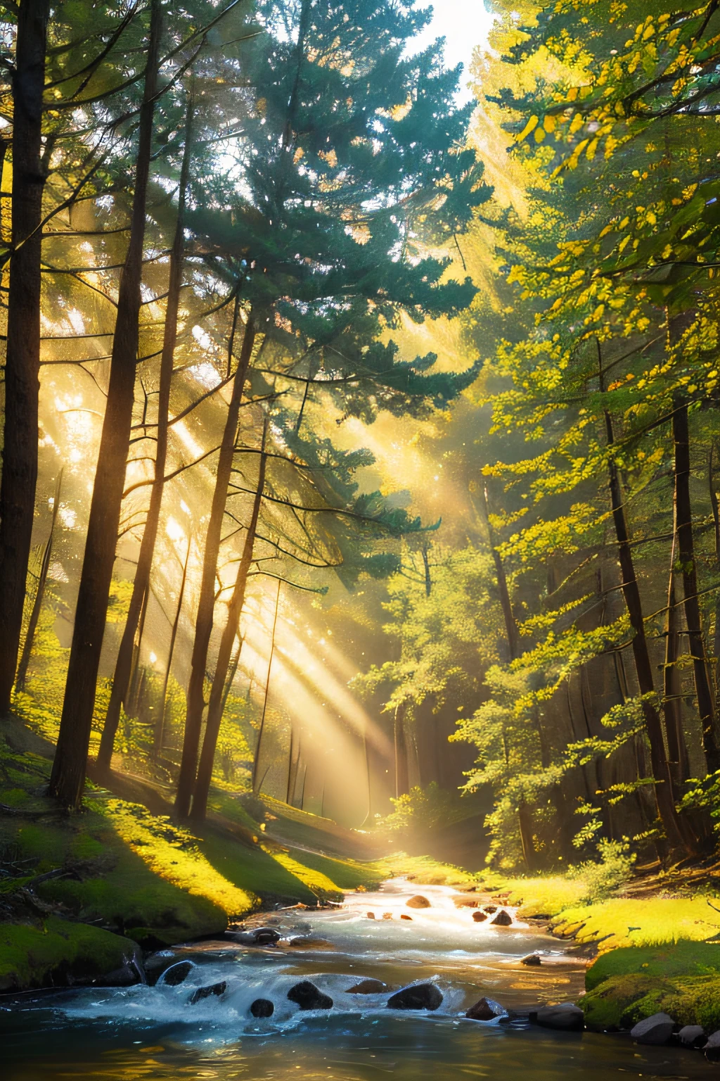 gushy creek running from right to left through forest, spring time, light rays shining through the trees, golden hour, view close to the ground