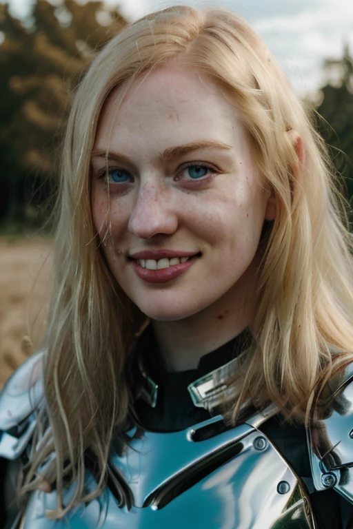 Ultra realistic photography of dbwl woman with many huge beauty marks on her natural pale white skin  ,   ( full body portrait)   ,  SFW,  (((wearing chrome rogue armor))), (chest) [[plate]],  ((in frame)),  

 ((fighting stance)),   natural (  pale light blonde eyelashes) , blue eyes, medieval background,
 detailed Natural pale white skin  with (many huge round beauty marks) , smile, light pale blonde eyebrows,
 happy, clean cheeks,
detailed, natural light blonde,  outdoors, sunny, high resolution, photograph, RAW photo, chr0me4rmor, [[sexy]]