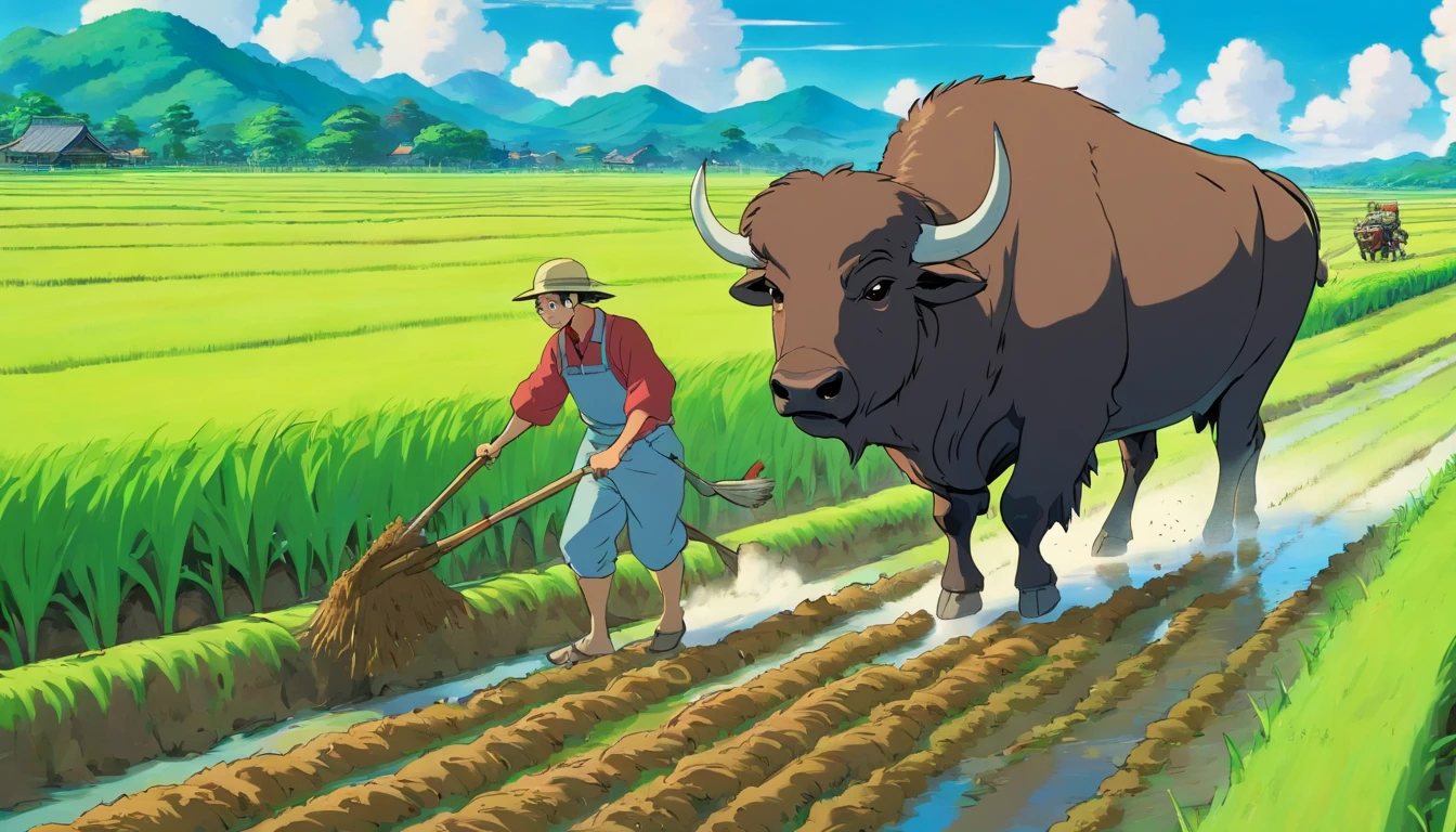 Buffalo plowing the land inside the paddy field