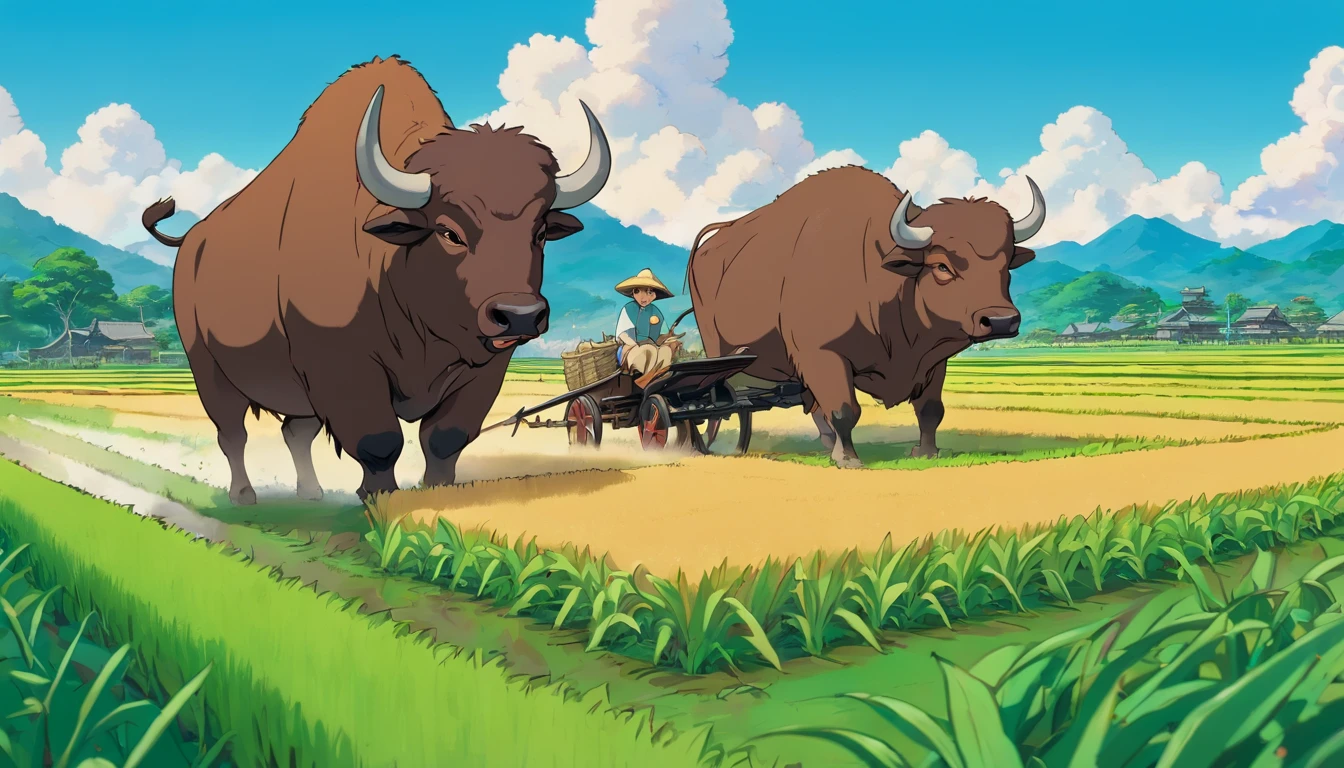 Buffalo plowing the land inside the paddy field