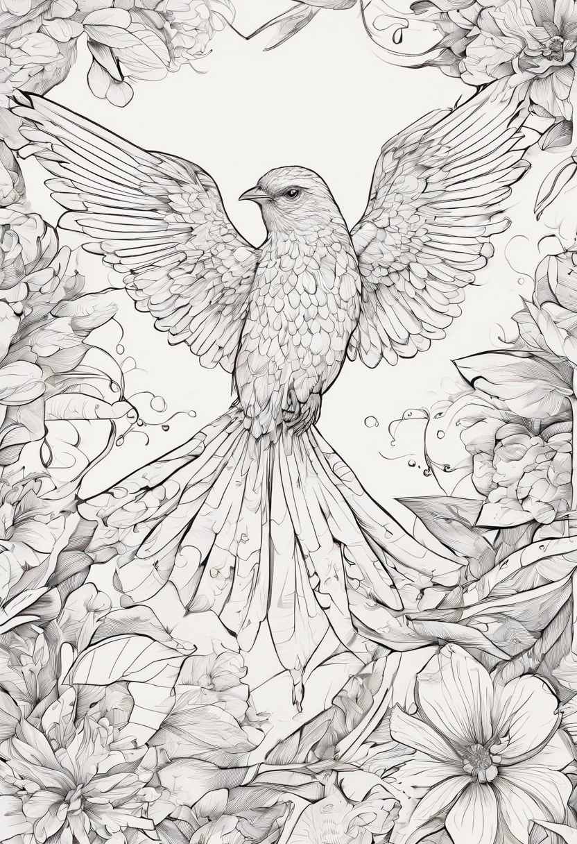 un dessin d&#39;un oiseau avec des ailes et une fleur dessus, Lineart de la balle, contours à l’encre, contour à l’encre, Lignes extrêmement détaillées, Lignes très détaillées, esquisse, Lignes détaillées, Travail de ligne détaillé, Lineart épuré, Lignes épurées, Dessin au trait détaillé, Détaillé mais approximatif, Concept détaillé du corps complet, Numérique encré, Conception de tatouage, Dessin au trait hyper détaillé