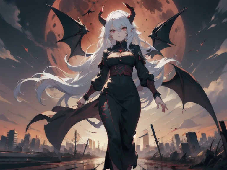 1girl, White hair, Red eyes, Perfect eyes, standing, best quality, Masterpiece, Hands covered in blood, black long skirt, Demon Wings, Demon horns, Dark sky, night, city, Blood Moon, people running for their lives