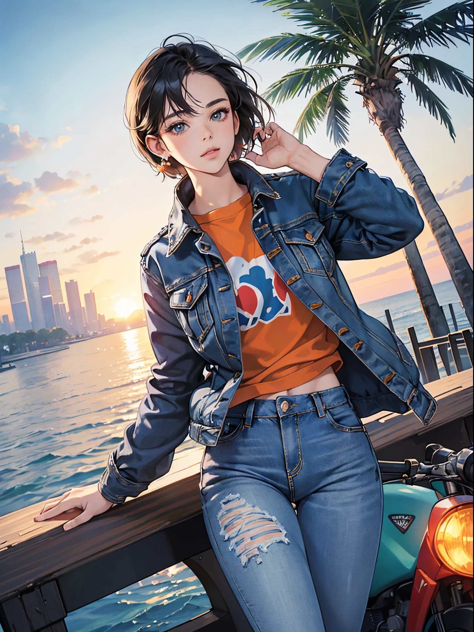 Orange and Indigo Keynote Speech、Vibrant colors、((​masterpiece)))、(((top-quality)))、((ultra-detailliert))、(A hyper-realistic)、(highly detailed CGillustration）、Official art、CD cover、urbane、City Pop、Palm trees、seaside、short-cut、It will be、Cool sensation、Mid summer、Stylish、glorious 1980s、Cool Beauty、cochetti gorgeous、matchless beauty、jaket、jeans、Female Solo、Perfect Angle、perfect-composition