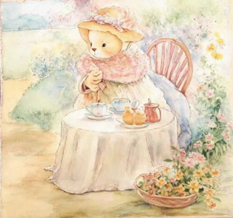 In the painting, a little bear is sitting at the table，holding a teapot, by Alice Prine, Beatrix Potter style, author：Yuko Tatoshima, author：beatrix potter, author：Margarita Alstromer, May Gibbs, author：Mildred Anne Butler, Inspired by Beatrix Potter, author：Kikukawa Sakaeyama, author：Kuzumi Morikage