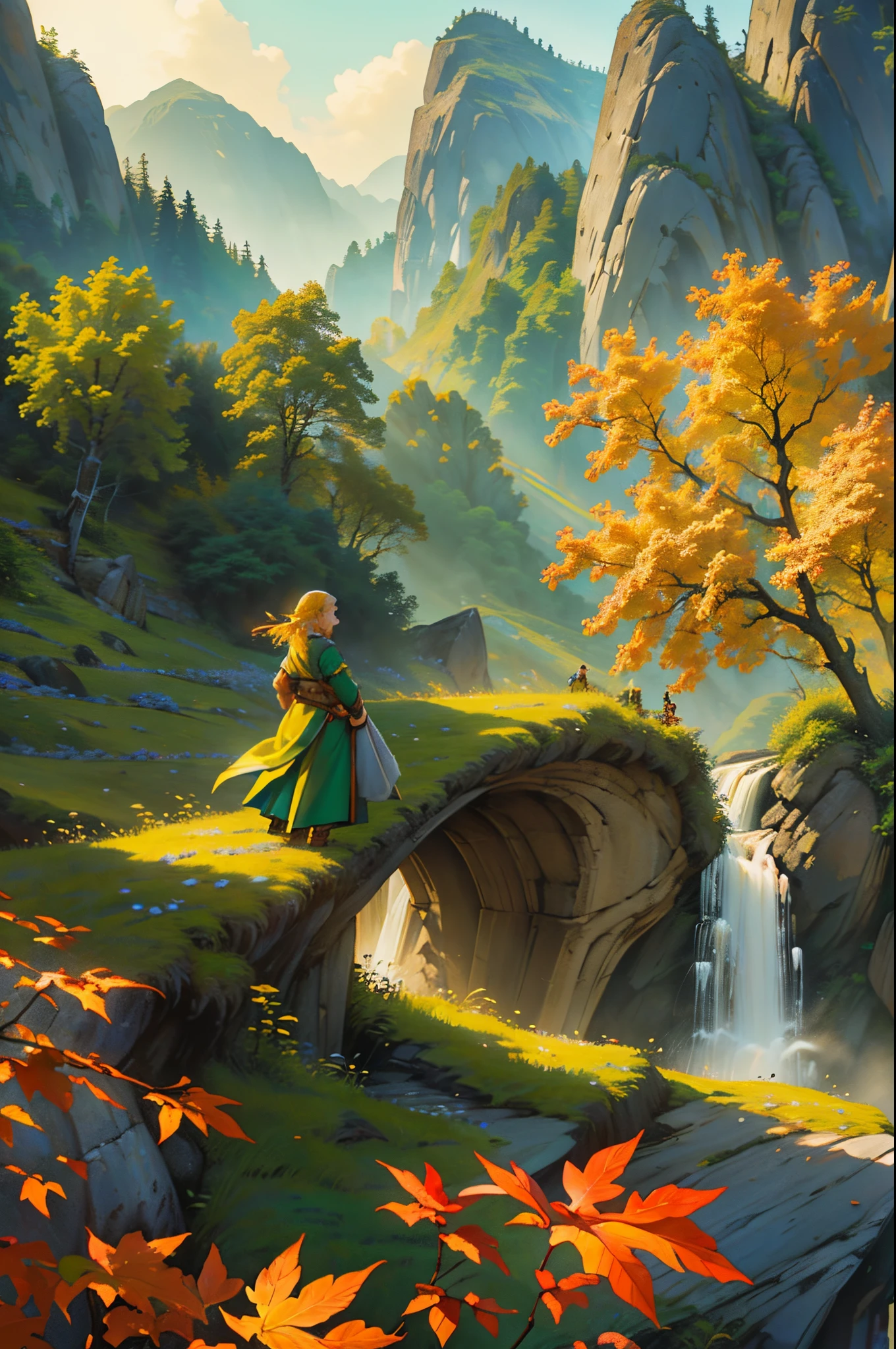 Tauriel, cinematic ligh《The Hobbit》Elves in , Best quality at best, Super detailed CG unity 8K wallpaper, floating, A high resolution, dynamicposes, pretty face, (eBlue eyes:1.2, A yellow-haired:1.3, Green clothes), depth of fields, White Forest, Golden leaves, Magic Light)