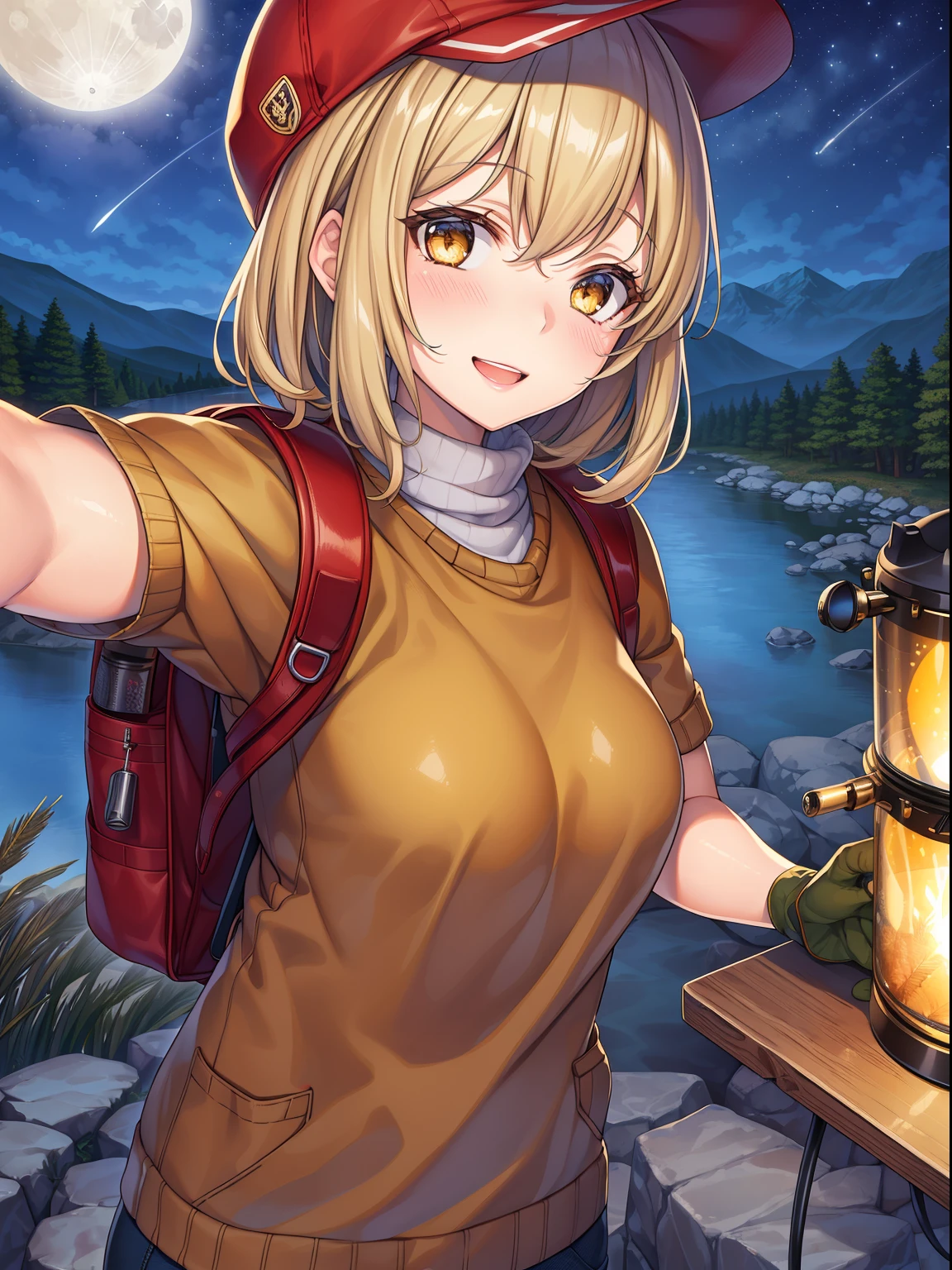 VeronicaCipher ((upper body selfie, happy)), masterpiece, best quality, ultra-detailed, solo, outdoors, (night), mountains, nature, (stars, moon) cheerful, happy, backpack, sleeping bag, camping stove, water bottle, mountain boots, gloves, sweater, hat, flashlight, forest, rocks, river, wood, smoke, shadows, contrast, clear sky, analog style (look at viewer:1.2) (skin texture) (film grain:1.3), (warm hue, warm tone) :1.2), close up, cinematic light, sidelighting, ultra high res, best shadow, RAW, upper body,  , wearing pullover
kodak vision 3,