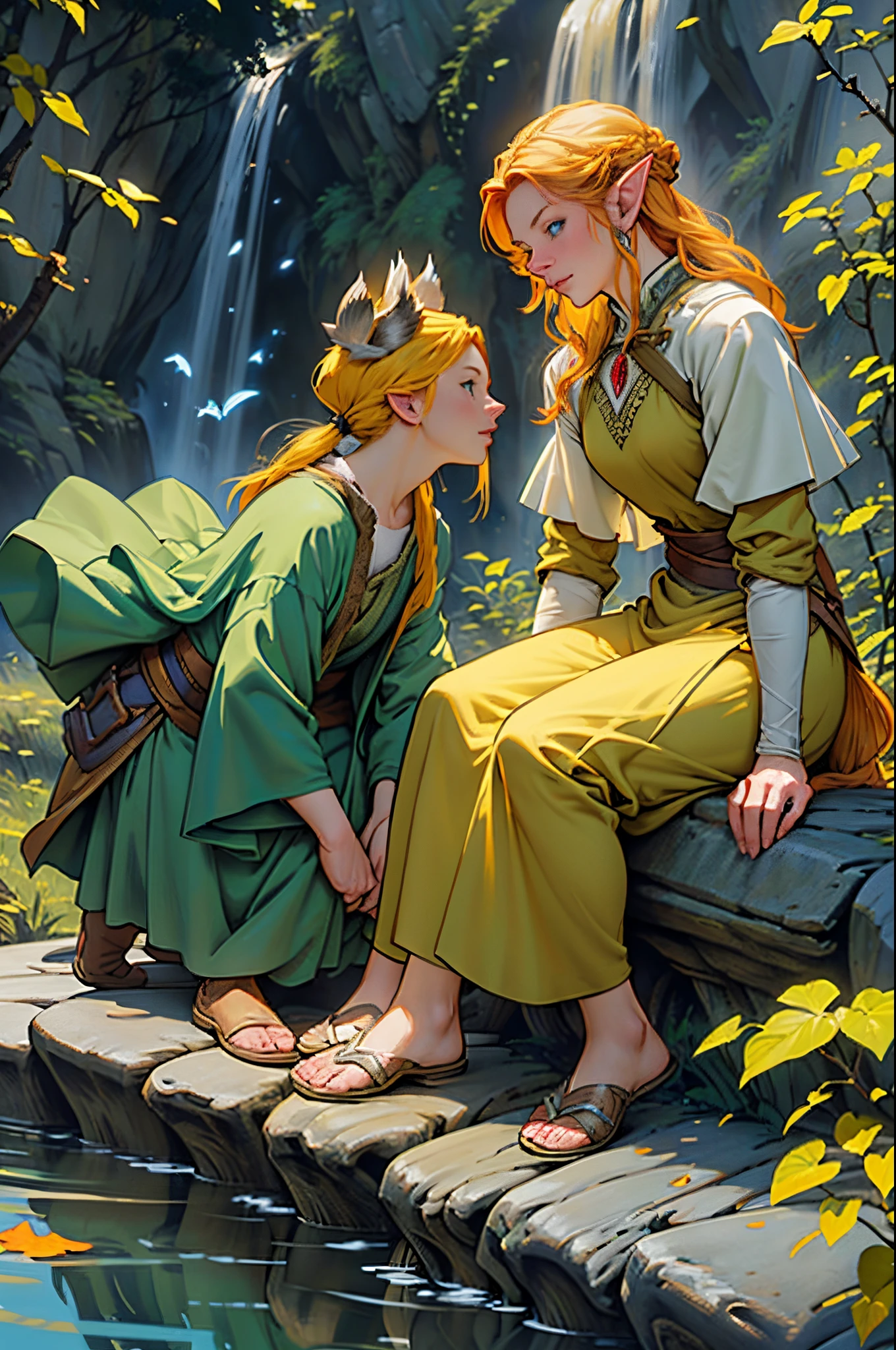 Tauriel, cinematic ligh《The Hobbit》Elves in , Best quality at best, Super detailed CG unity 8K wallpaper, floating, A high resolution, dynamicposes, pretty face, (eBlue eyes:1.2, A yellow-haired:1.3, Green clothes), depth of fields, White Forest, Golden leaves, Magic Light)