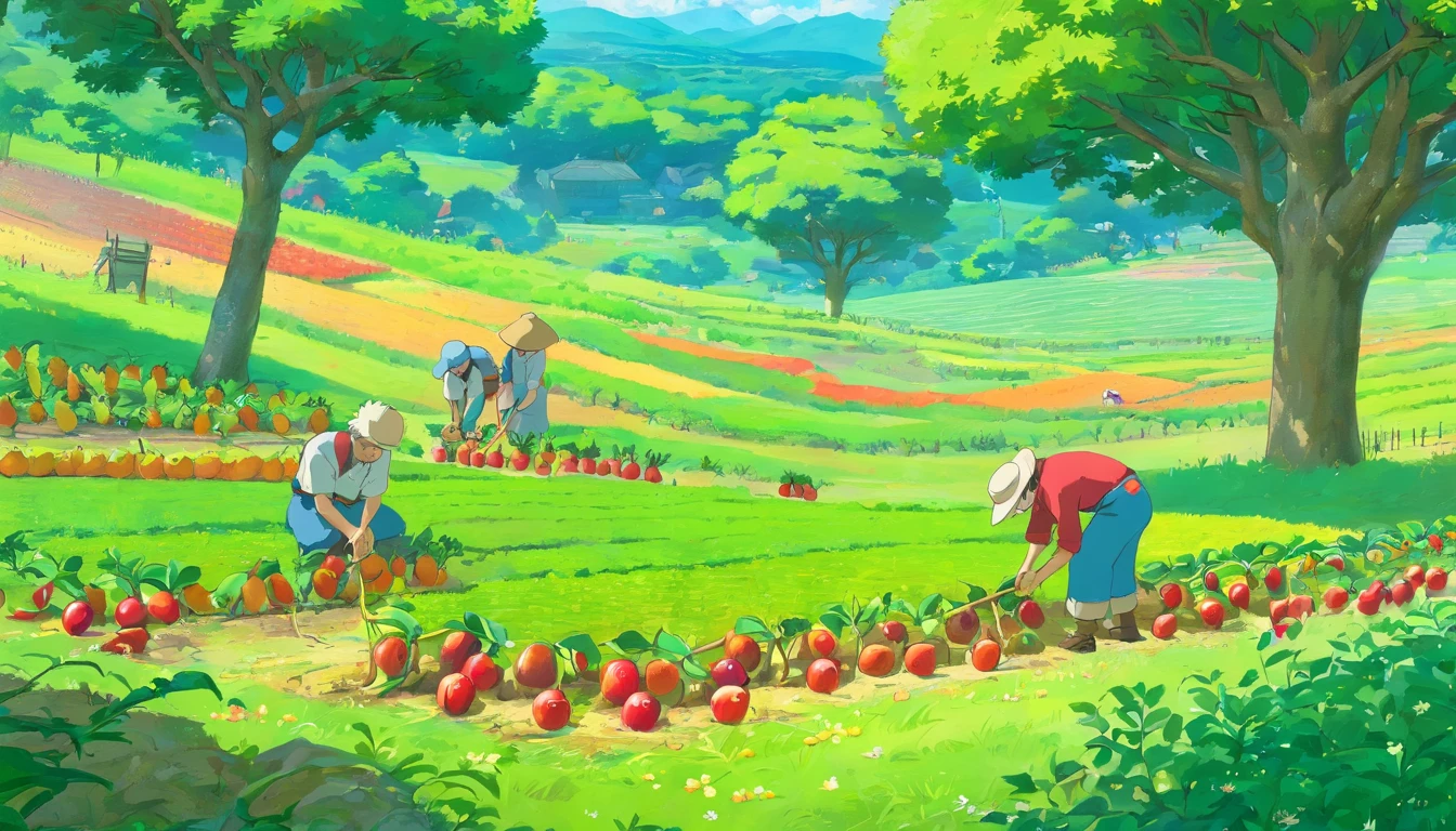 Farmers planting fruit trees,Faraway view