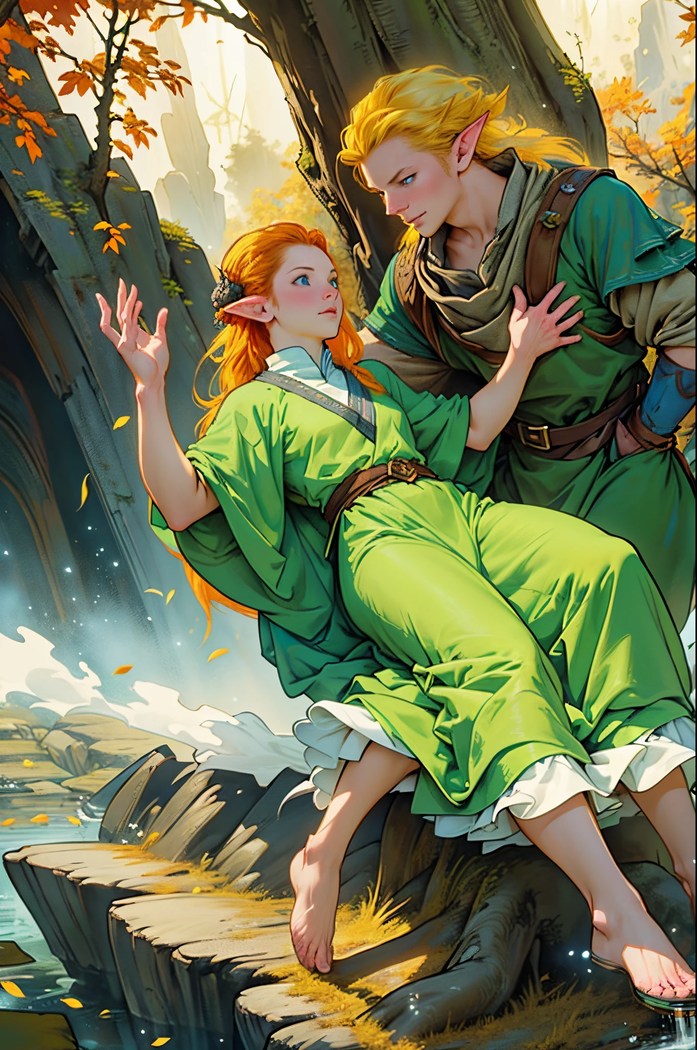Tauriel, cinematic ligh《The Hobbit》Elves in , Best quality at best, Super detailed CG unity 8K wallpaper, floating, A high resolution, dynamicposes, pretty face, (eBlue eyes:1.2, A yellow-haired:1.3, Green clothes), depth of fields, White Forest, Golden leaves, Magic Light)