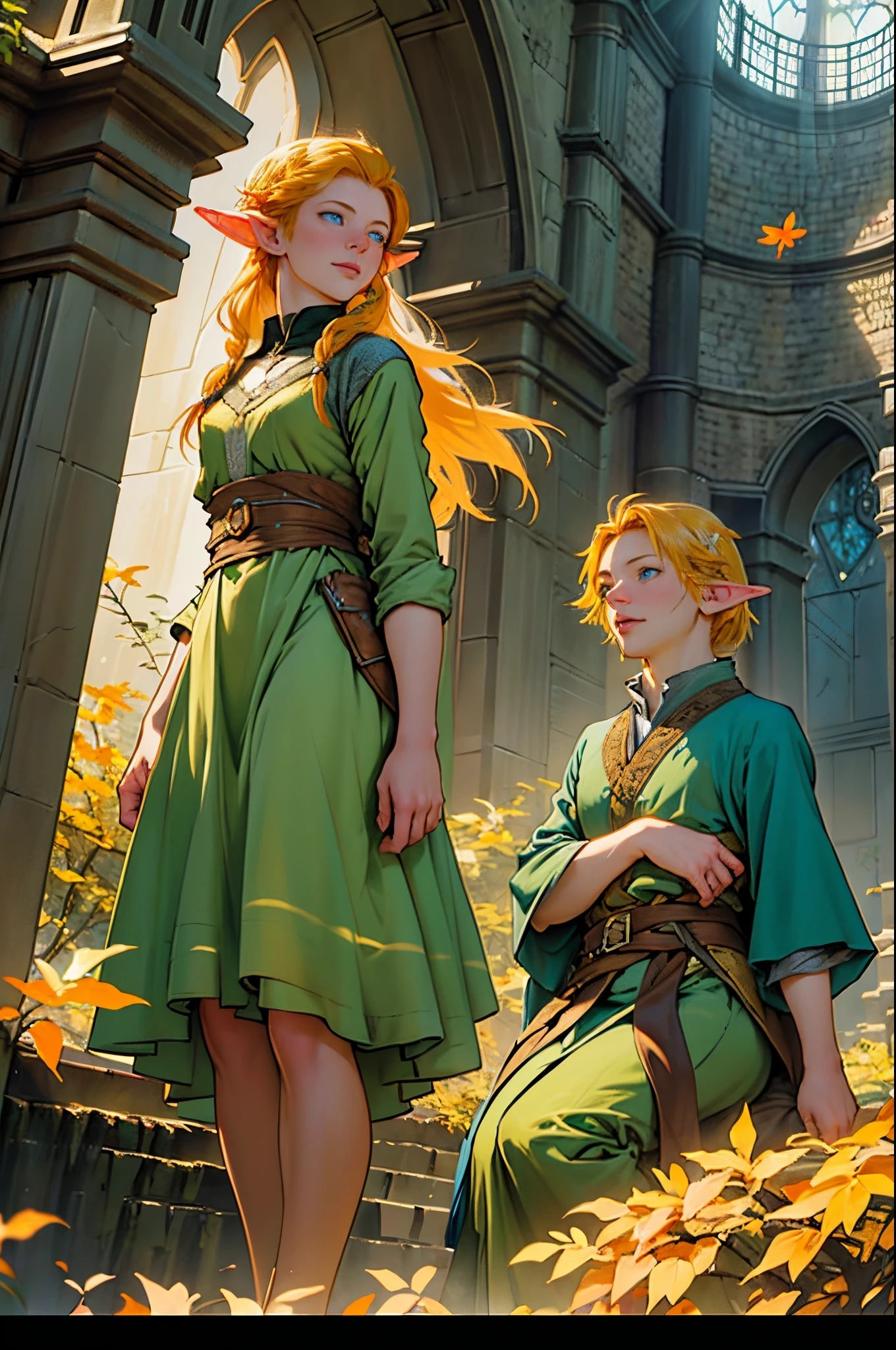 Tauriel, cinematic ligh《The Hobbit》Elves in , Best quality at best, Super detailed CG unity 8K wallpaper, floating, A high resolution, dynamicposes, pretty  face, (eBlue eyes:1.2, A yellow-haired:1.3, Green clothes), depth of fields, White Forest, Golden leaves, Magic Light)