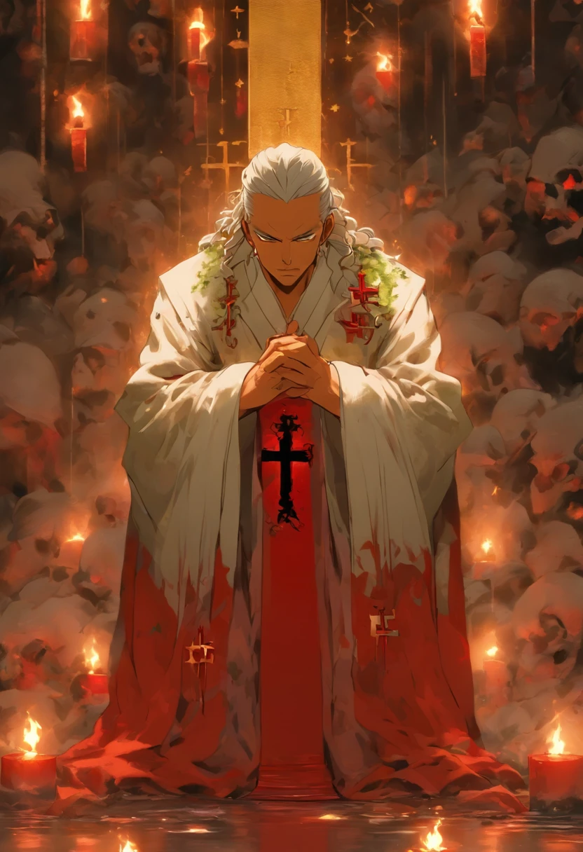 (8K、Best quality at best、tmasterpiece:1.2)、(Endless realism、フォトリアリスティック:1.37)、hyper-detailing,Full body lesbian,(1 boy:1.2),Alone,(This is a scrawny old man:1.2),The bones of the arm are vaguely visible,Eighty-year-old man,forehead full of wrinkles,(Roman nose:1.1),white haired Cangcang,thick white eyebrows,(With his eyes closed),The skin is very white.(This is a cult leader:1.3),(White silk robe with gold trim)+(A red inverted cross pendant hangs around the neck),The robe is covered with dark tentacles.Underground chamber in the background,(huge altar of flesh and blood:1.3),Place torches on the wall for lighting,(The gaps between the gravel bricks are covered with moss:1.2)+(Pentagram magic circle drawn with blood on the ground:1.2)